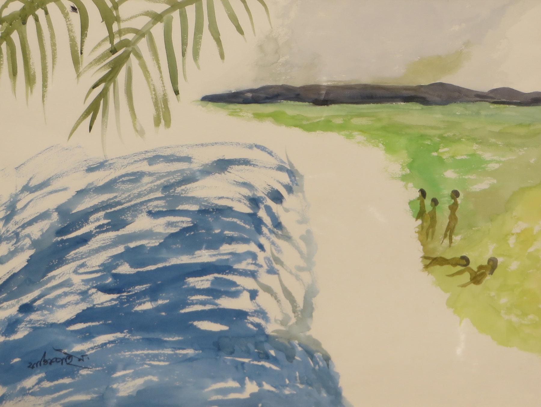 Landscape, Nude, Watercolor, Blue, Green, Yellow by Indian Artist 