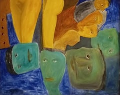 Women Nude, Heads, Blue Green Ochre, Acrylic Canvas by Indian Master "In Stock"