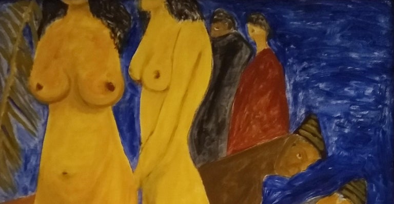 Women Nude, Heads, Blue Green Ochre, Acrylic Canvas by Indian Master 