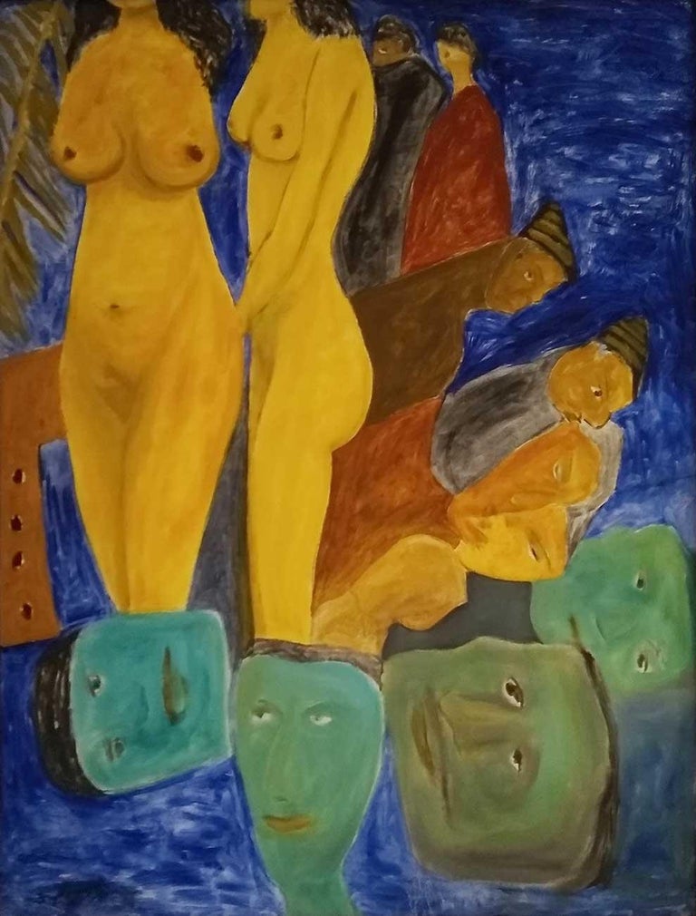 Kartick Chandra Pyne Nude Painting - Women Nude, Heads, Blue Green Ochre, Acrylic Canvas by Indian Master "In Stock"