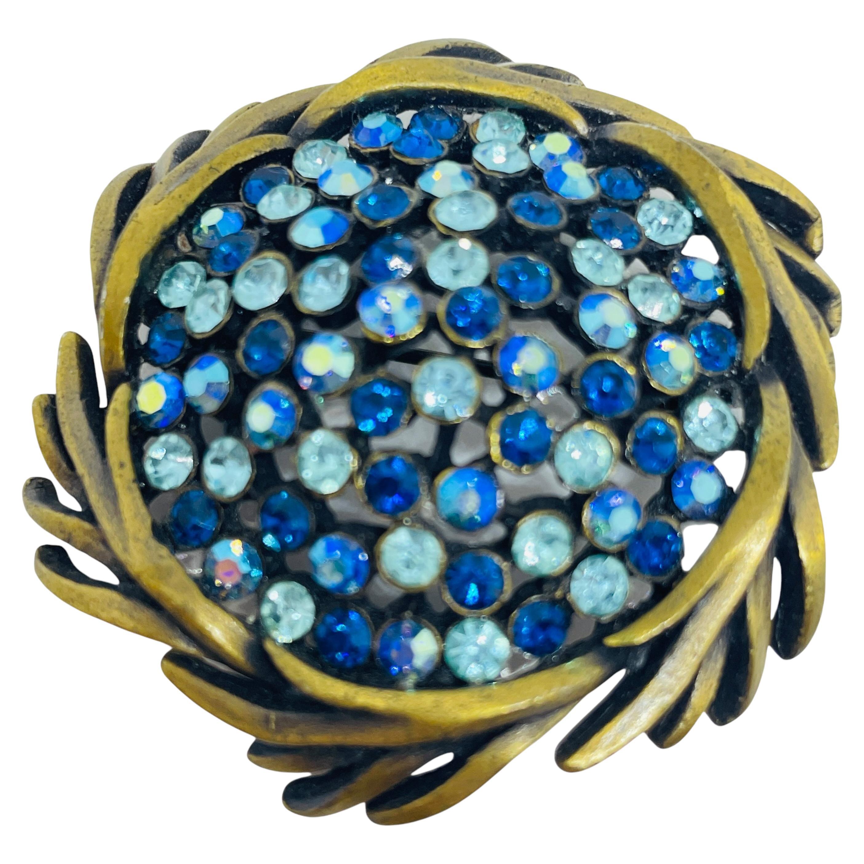 KARU signiert dunkel goldfarben blau Strass Designer Brosche im Angebot