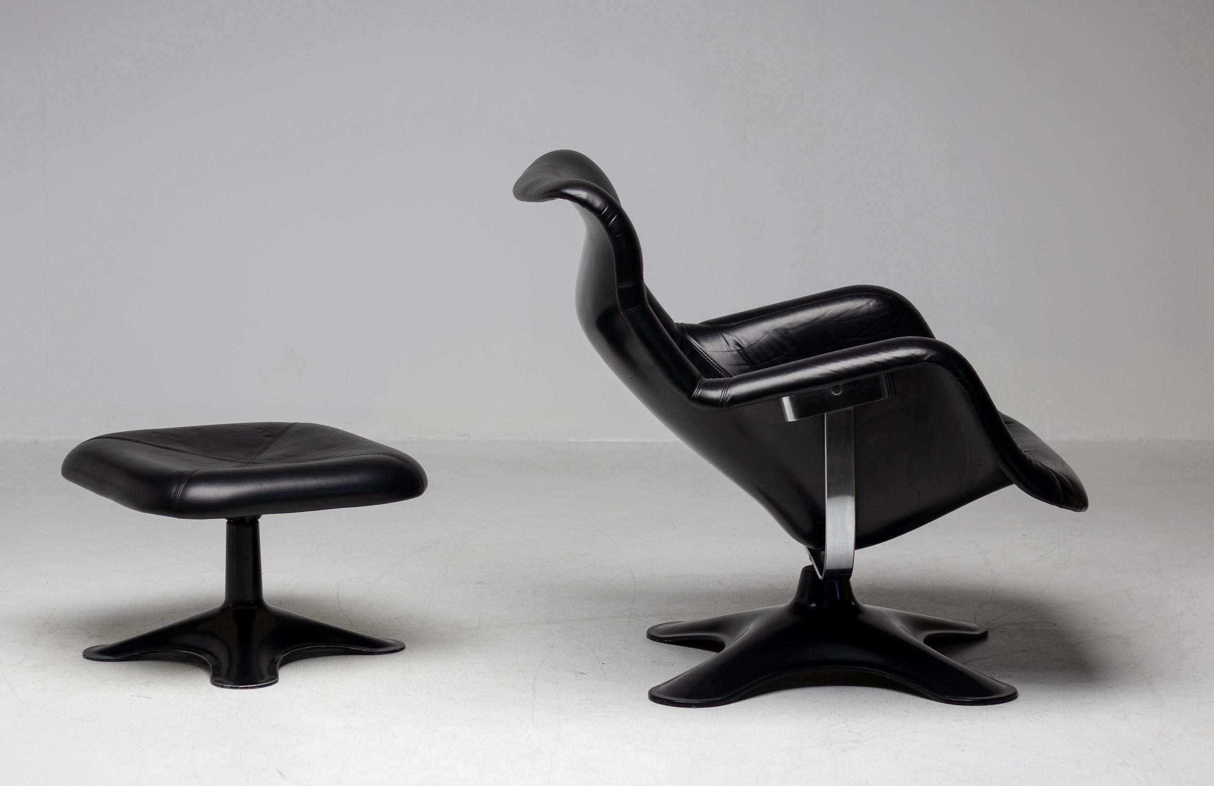 Leather Karuselli Lounge Chair and Footstool by Yrjo Kukkapuro for Haimi For Sale