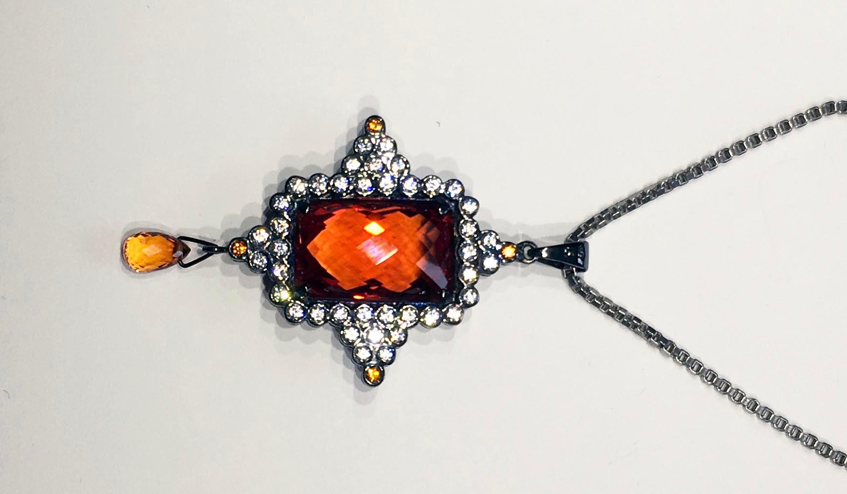 A Checkerboard cut Orange Sapphire Pendant Set in Blackened Silver For Sale 7