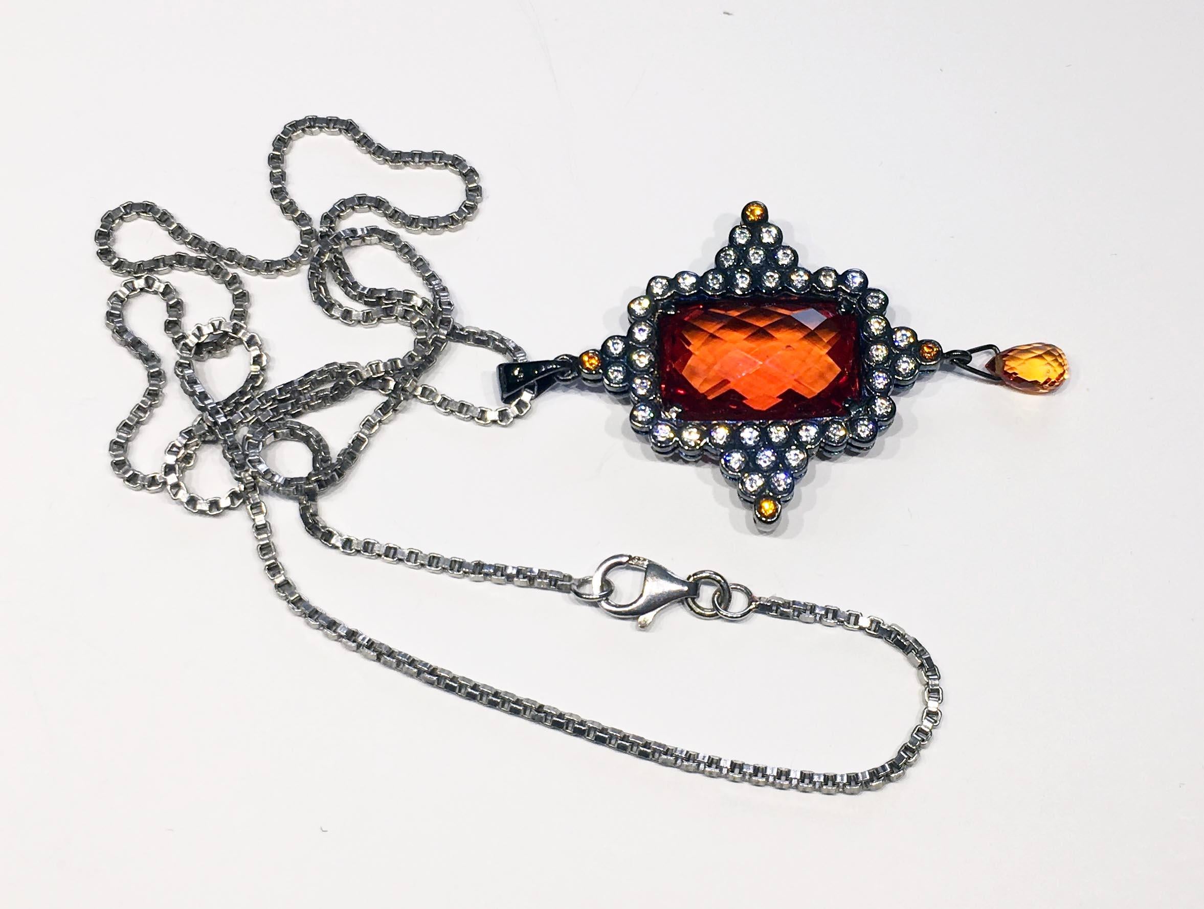 A Checkerboard cut Orange Sapphire Pendant Set in Blackened Silver For Sale 9