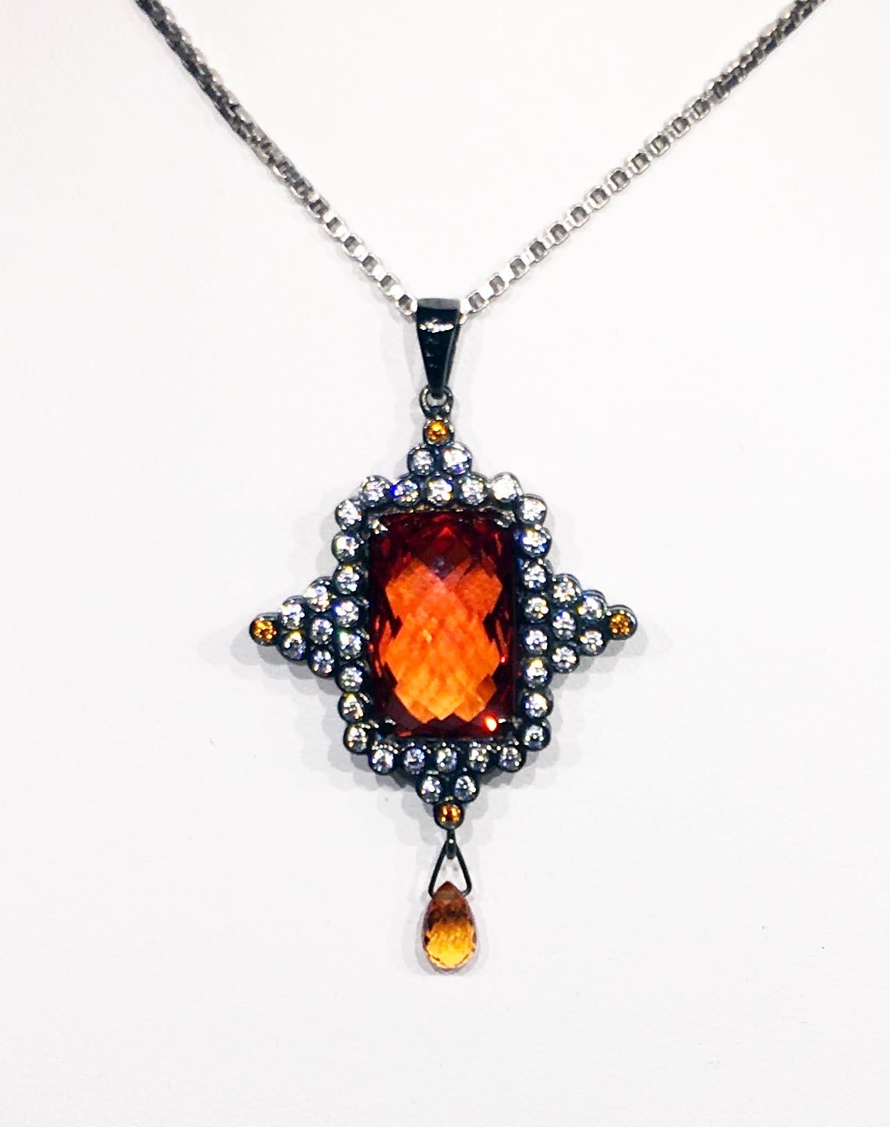 Women's A Checkerboard cut Orange Sapphire Pendant Set in Blackened Silver For Sale