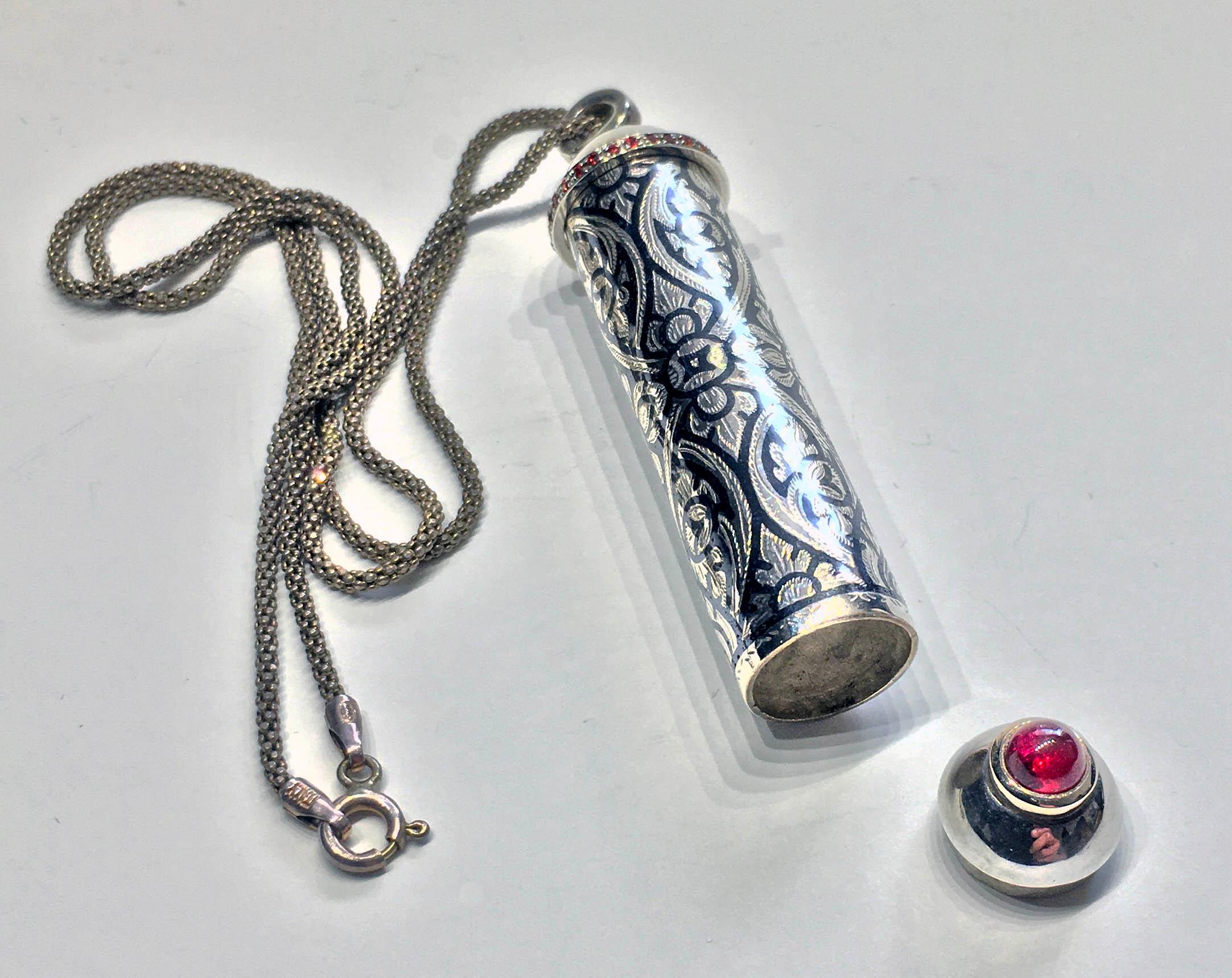 A Silver Nielloware Pendant set with Red Sapphire & Ruby. For Sale 4