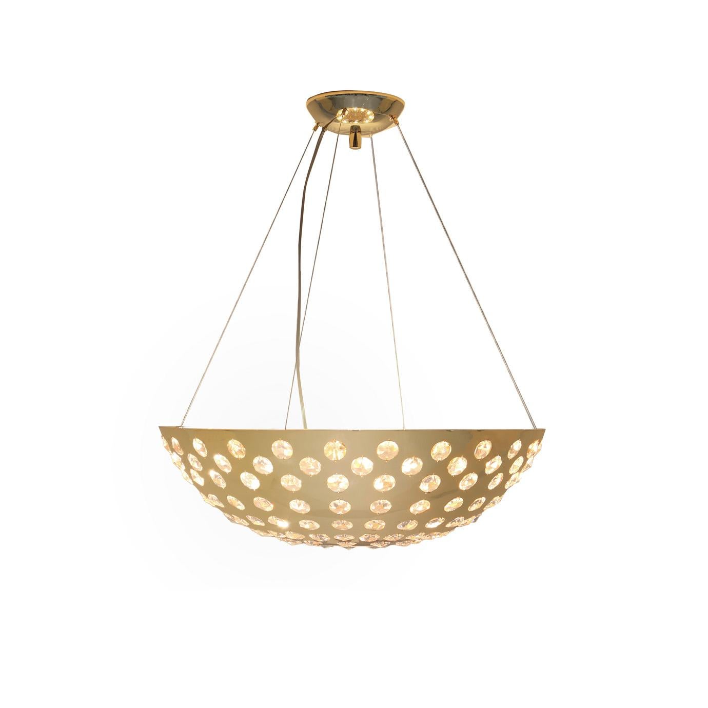 The flawless round brilliance of the Kasehsiah chandelier evokes an alluring visceral pleasure at first glance. A satin semi-sphere is sprinkled with sparkling crystal droplets adding a touch of elegant femininity to this modern chandelier.