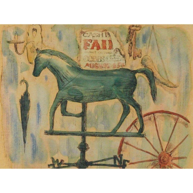 Classic colour print by Kash depicting a horse weathervane with Cobbs Creek Grant Co August 4-5-6 overhead banner

c1950s

Print Sz: 7 1/4