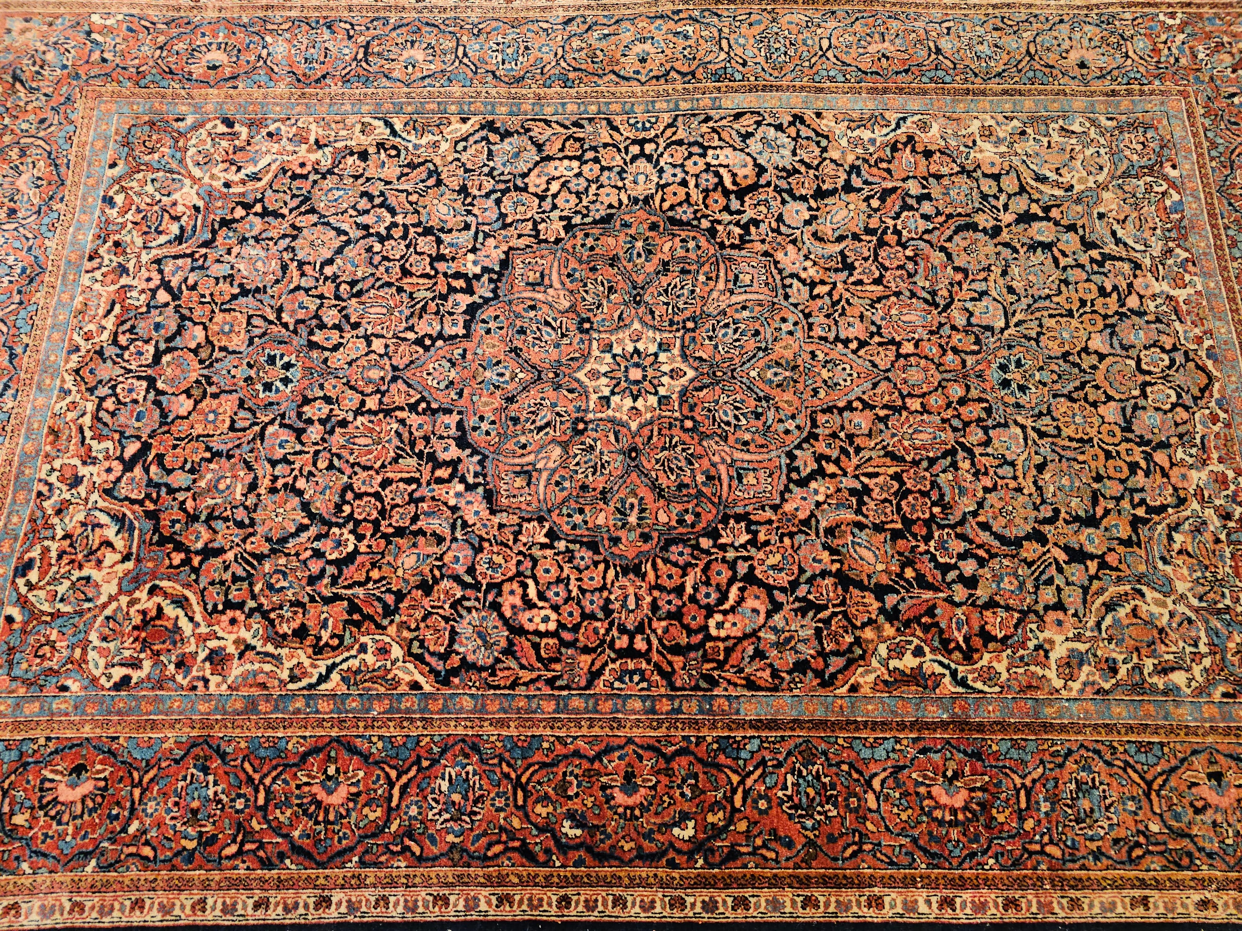 Early 1900s Persian Kashan in Floral Pattern in Navy Blue, French Blue, Red For Sale 8