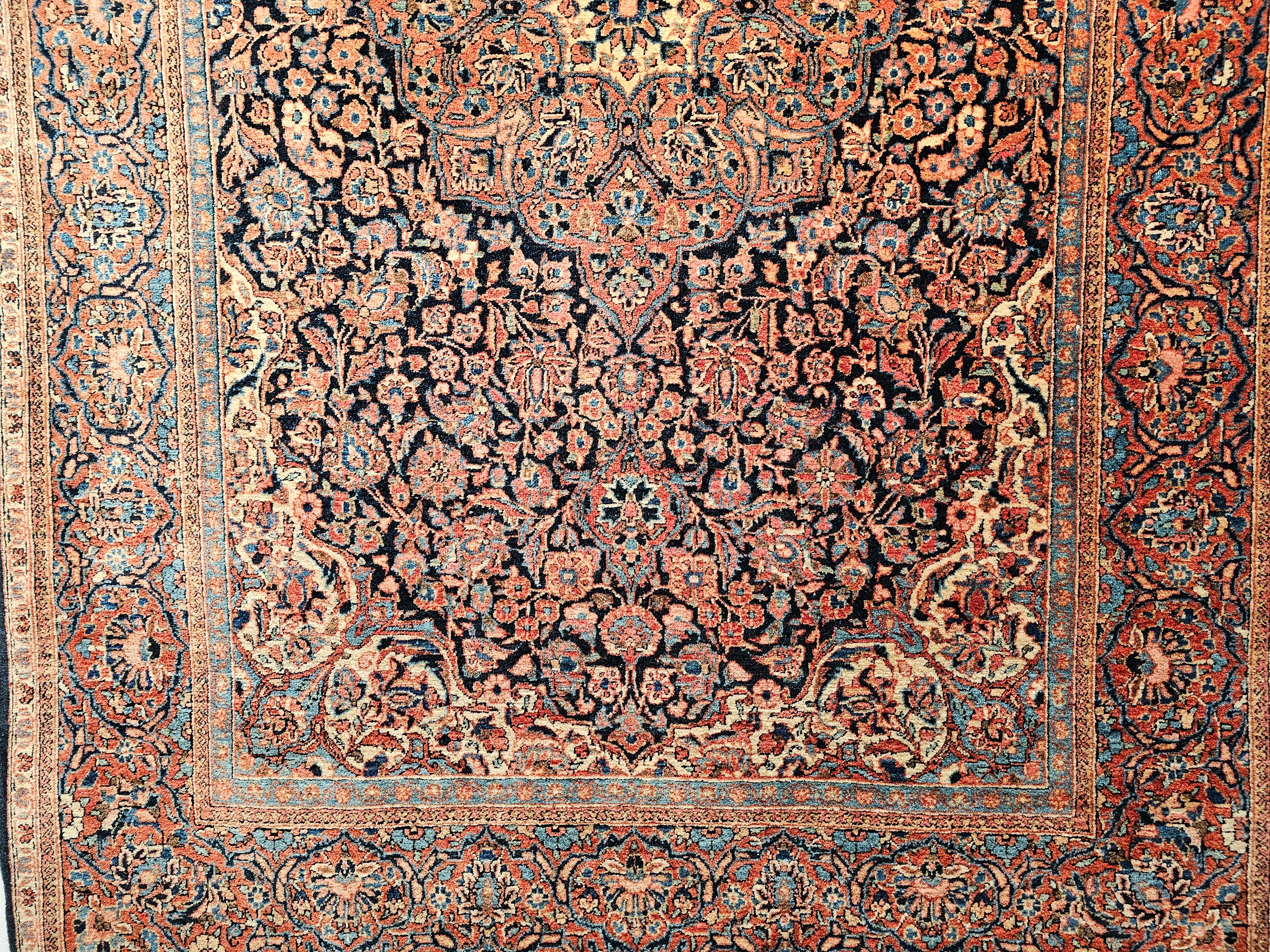 Early 1900s Persian Kashan in Floral Pattern in Navy Blue, French Blue, Red For Sale 1