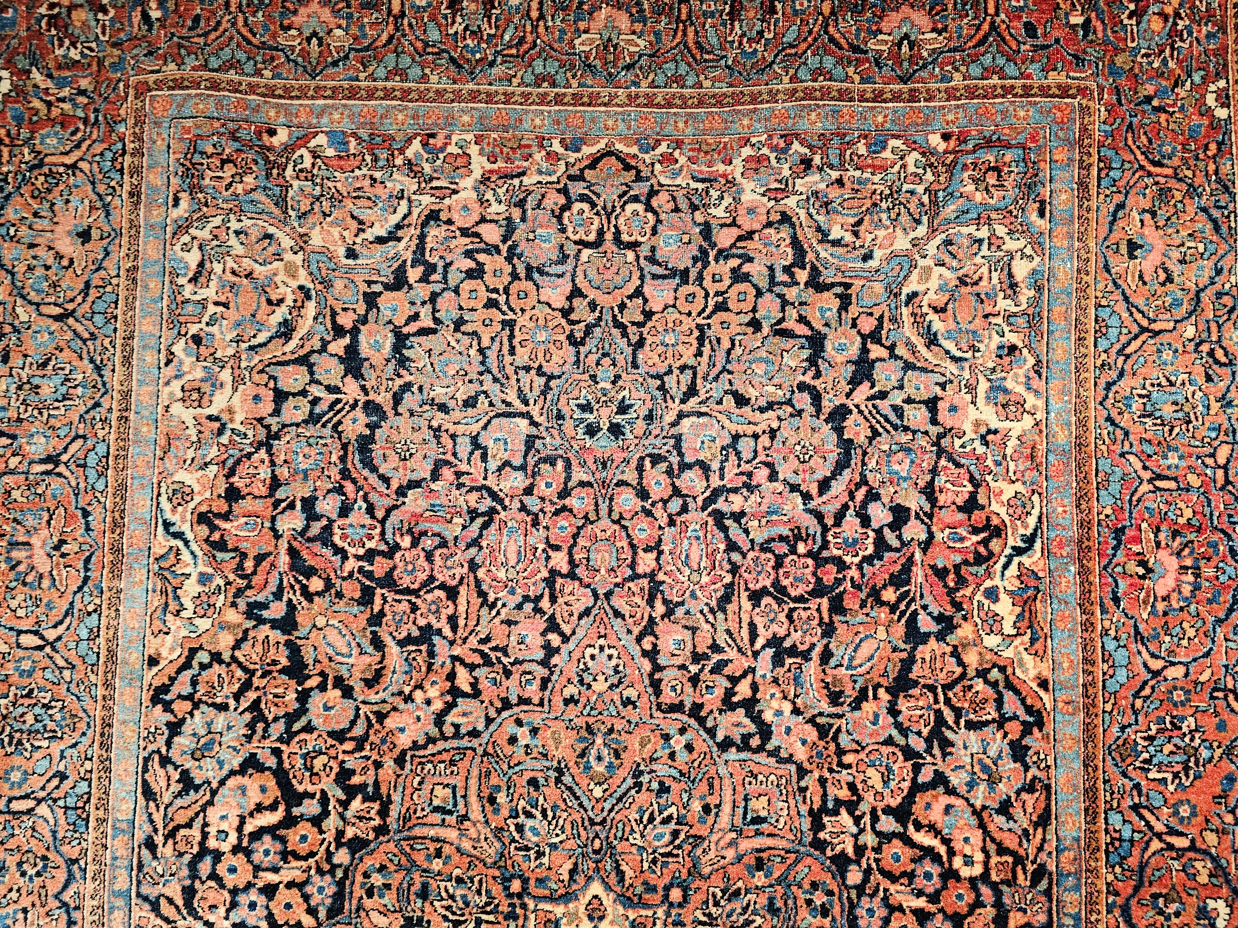 Wool Early 1900s Persian Kashan in Floral Pattern in Navy Blue, French Blue, Red For Sale