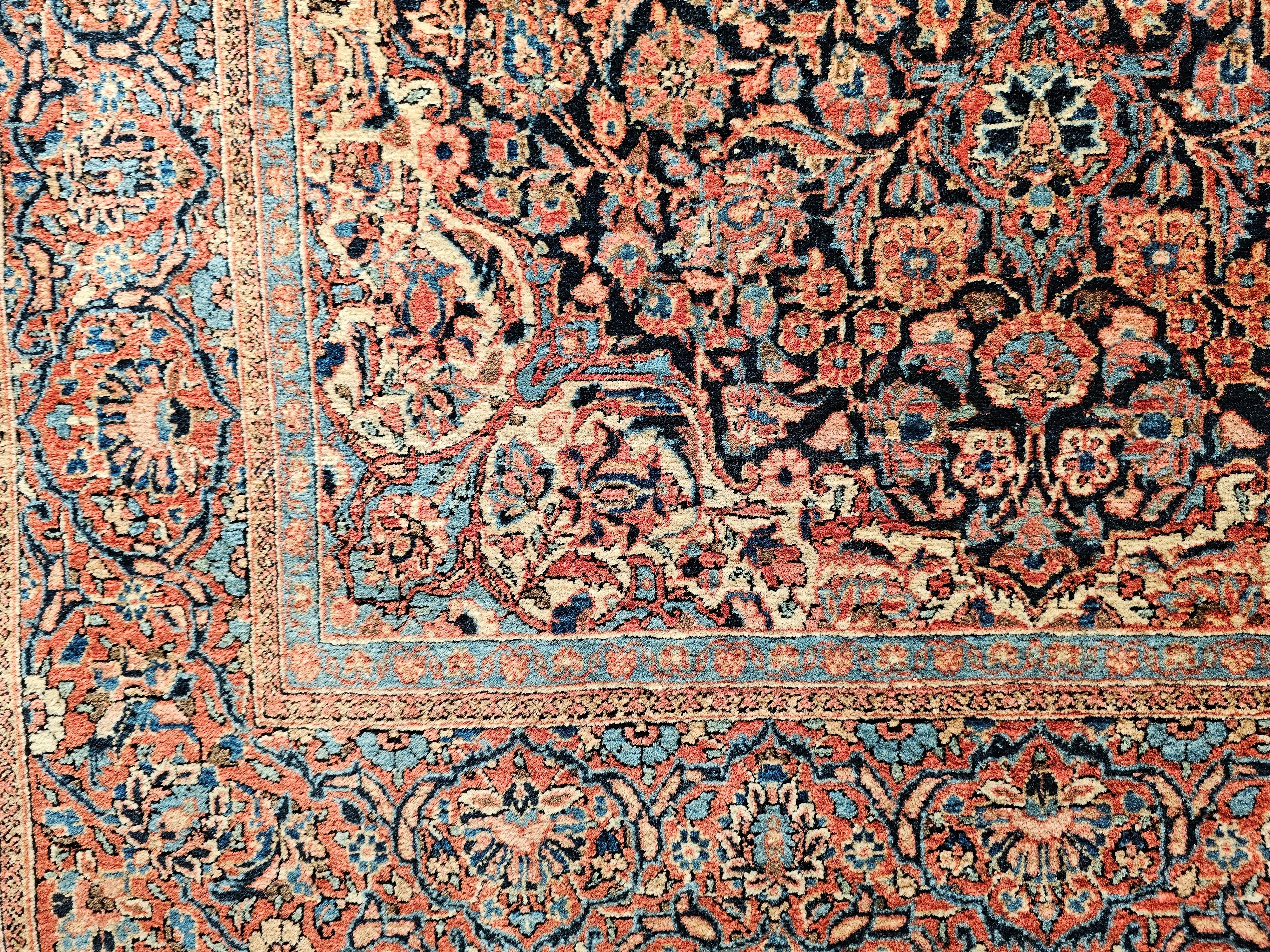 Early 1900s Persian Kashan in Floral Pattern in Navy Blue, French Blue, Red For Sale 2