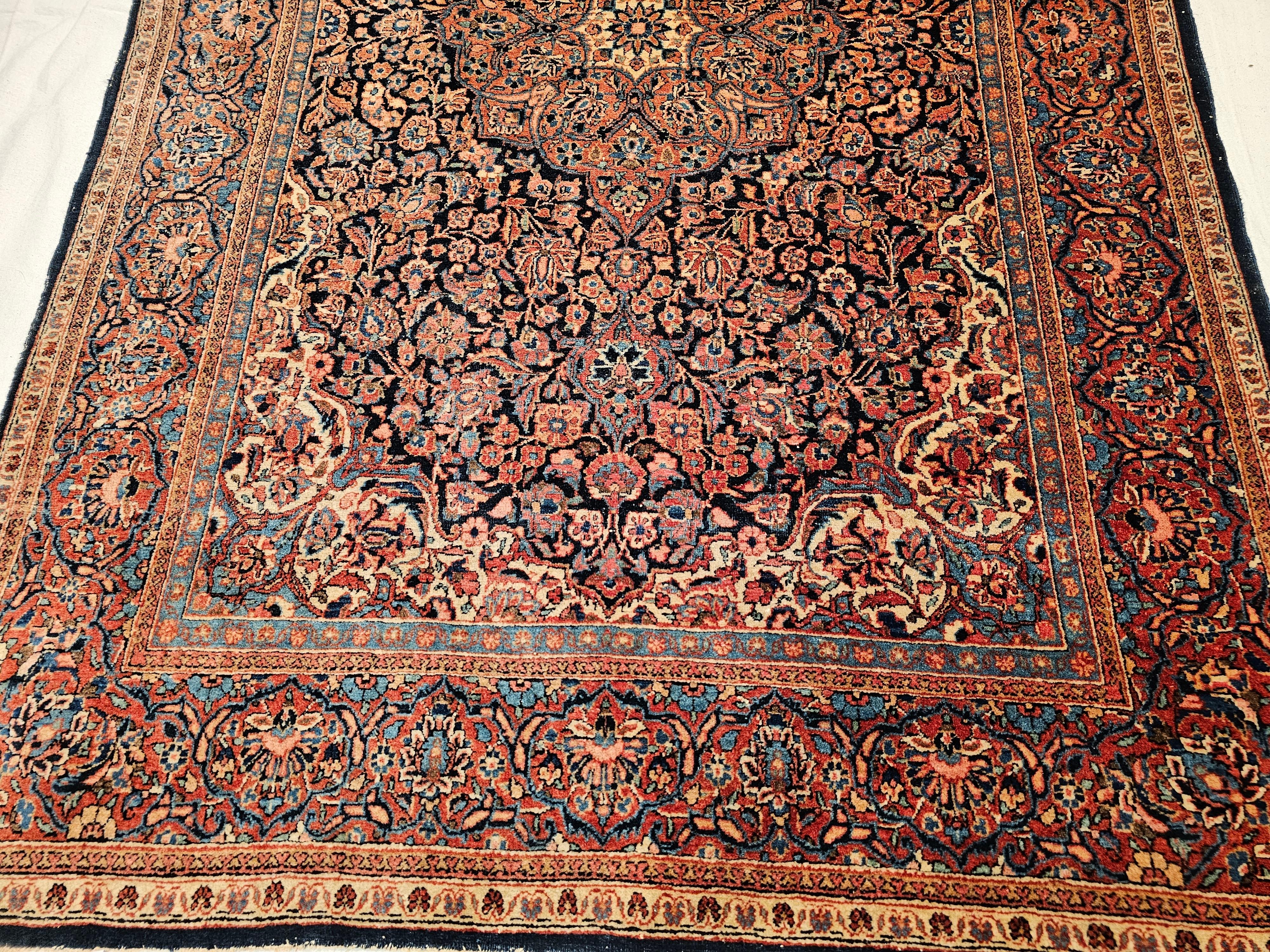 Early 1900s Persian Kashan in Floral Pattern in Navy Blue, French Blue, Red For Sale 3