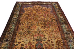 Kashan Golden-Brown and Blue Silk Persian Rug Floral Medallion