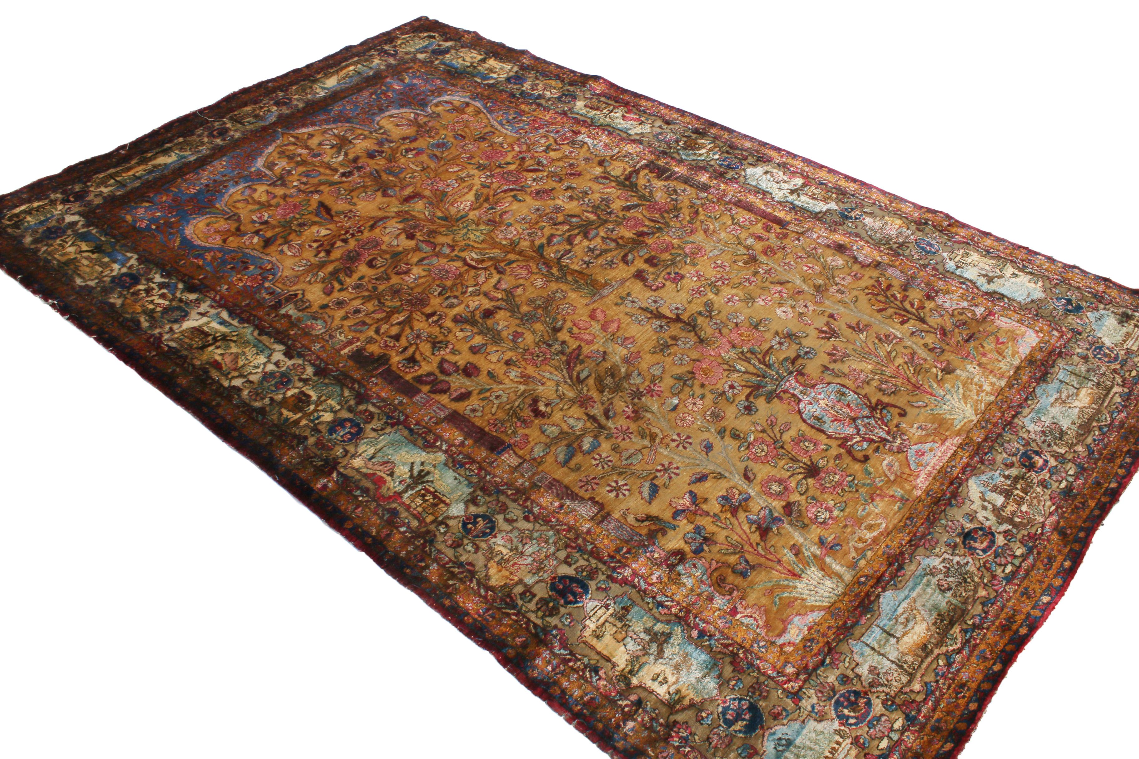 Hand-Knotted Kashan Golden-Brown and Blue Silk Persian Rug Floral Medallion For Sale