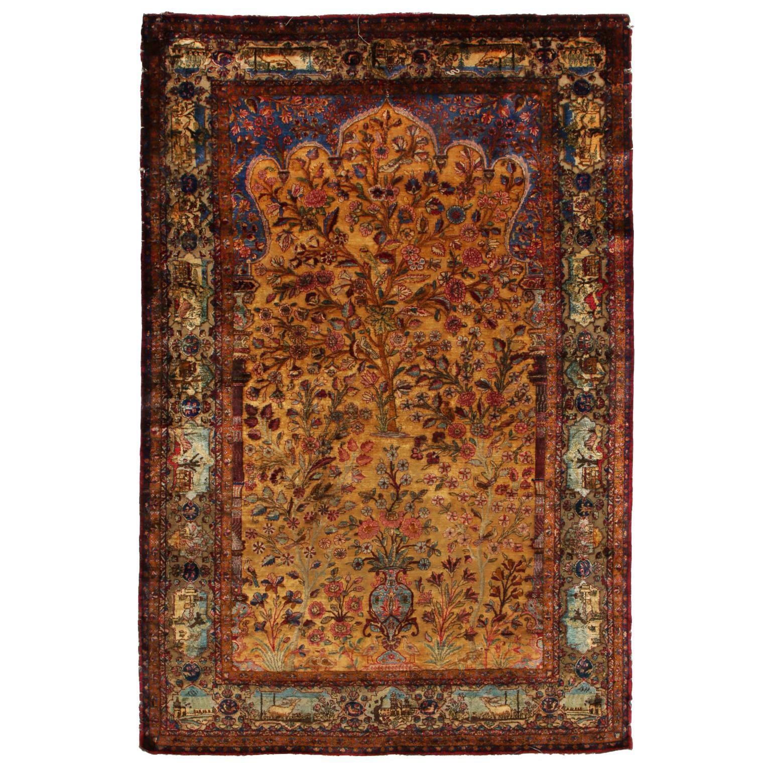 Kashan Golden-Brown and Blue Silk Persian Rug Floral Medallion