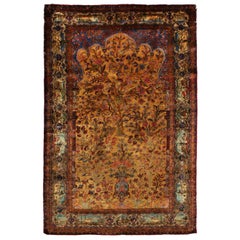 Antique Kashan Golden-Brown and Blue Silk Persian Rug Floral Medallion