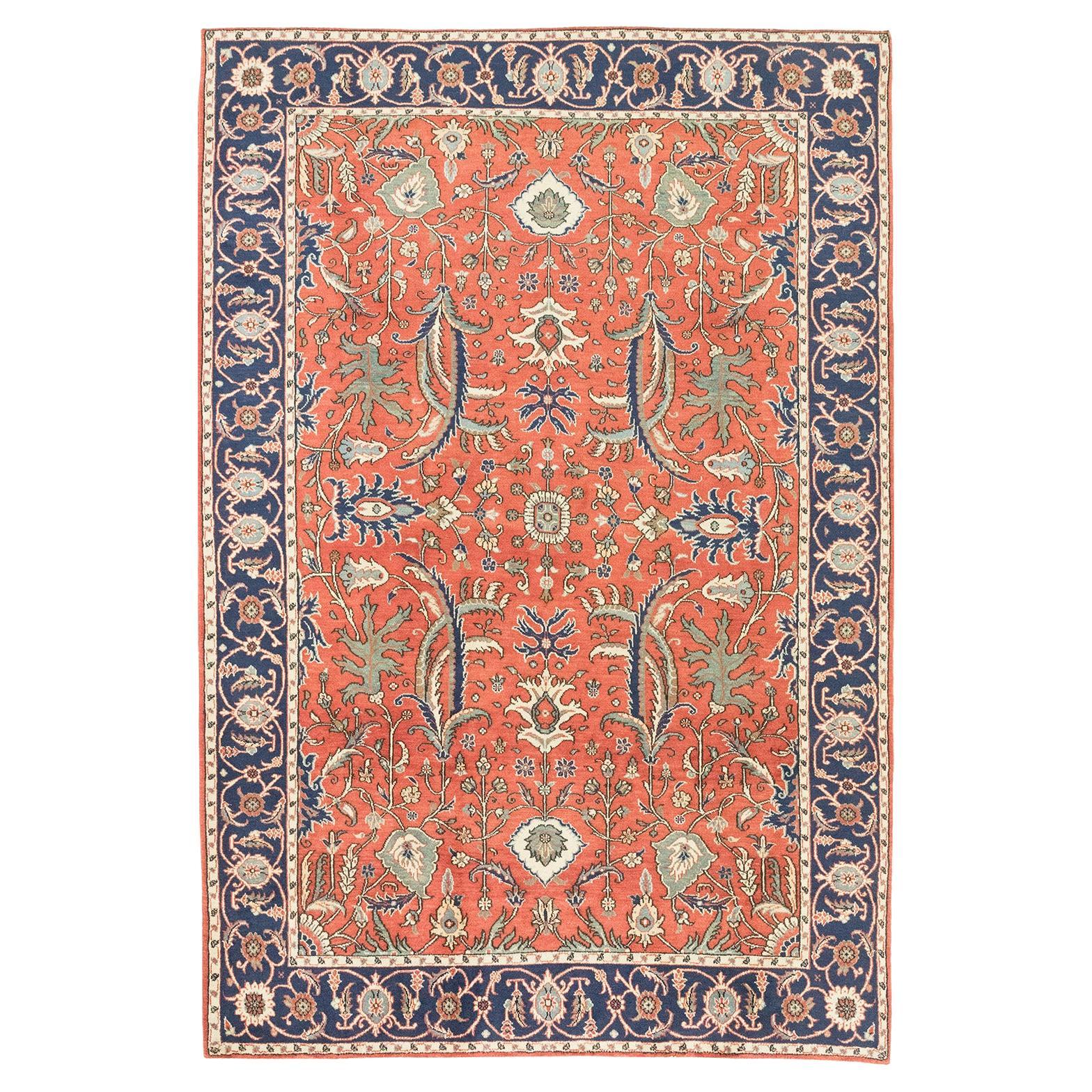 Kashan Rug, Hand Knotted, 9.2 × 6.6 ft – Coral Red, Navy Blue and Ivory