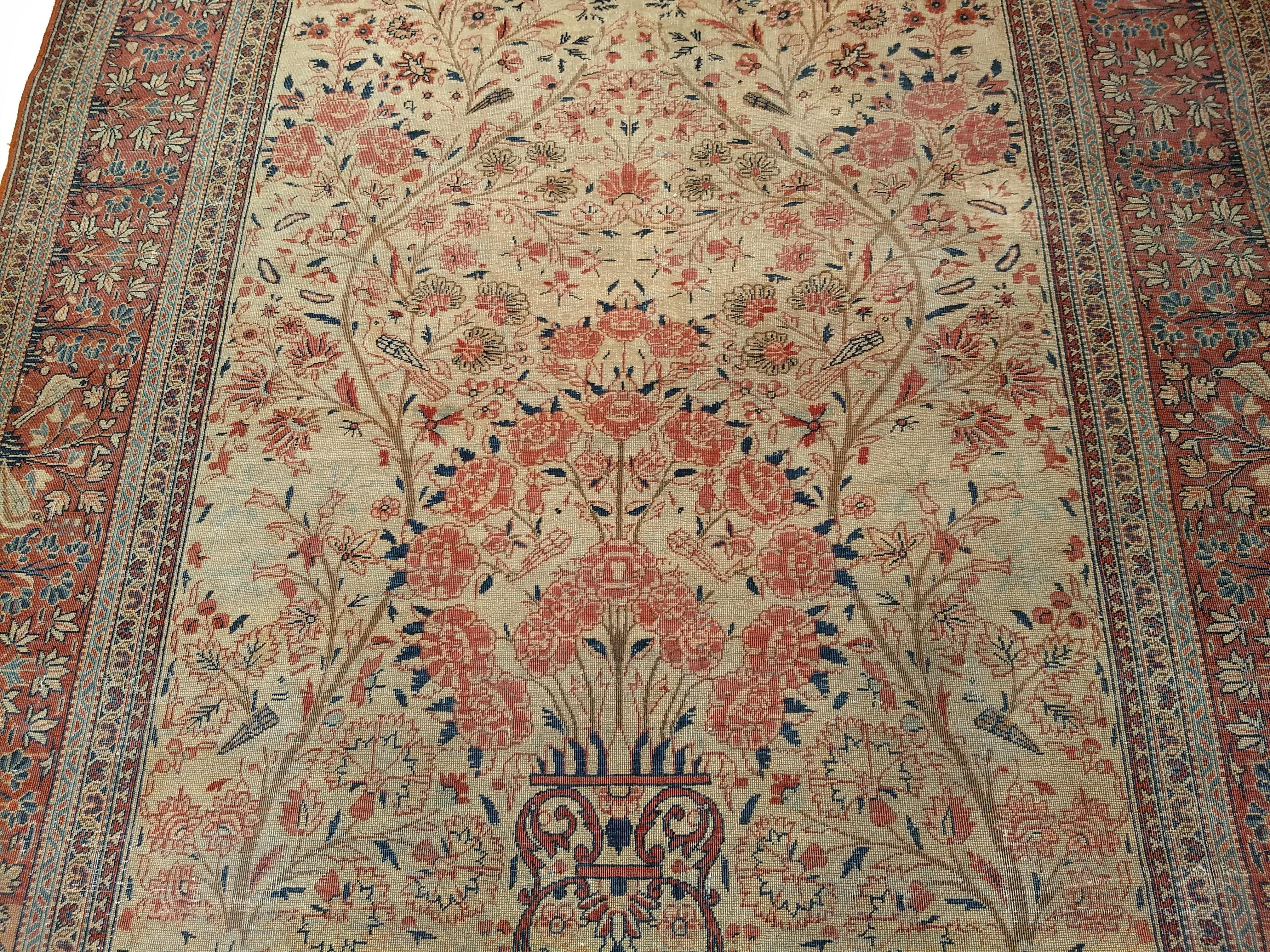 19th Century Persian Kashan “Tree of Life” Vase Rug in Ivory, Brick Red, Navy For Sale 3