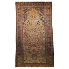 19th Century Persian Kashan “Tree of Life” Area Rug in Ivory, Brick Red, Navy