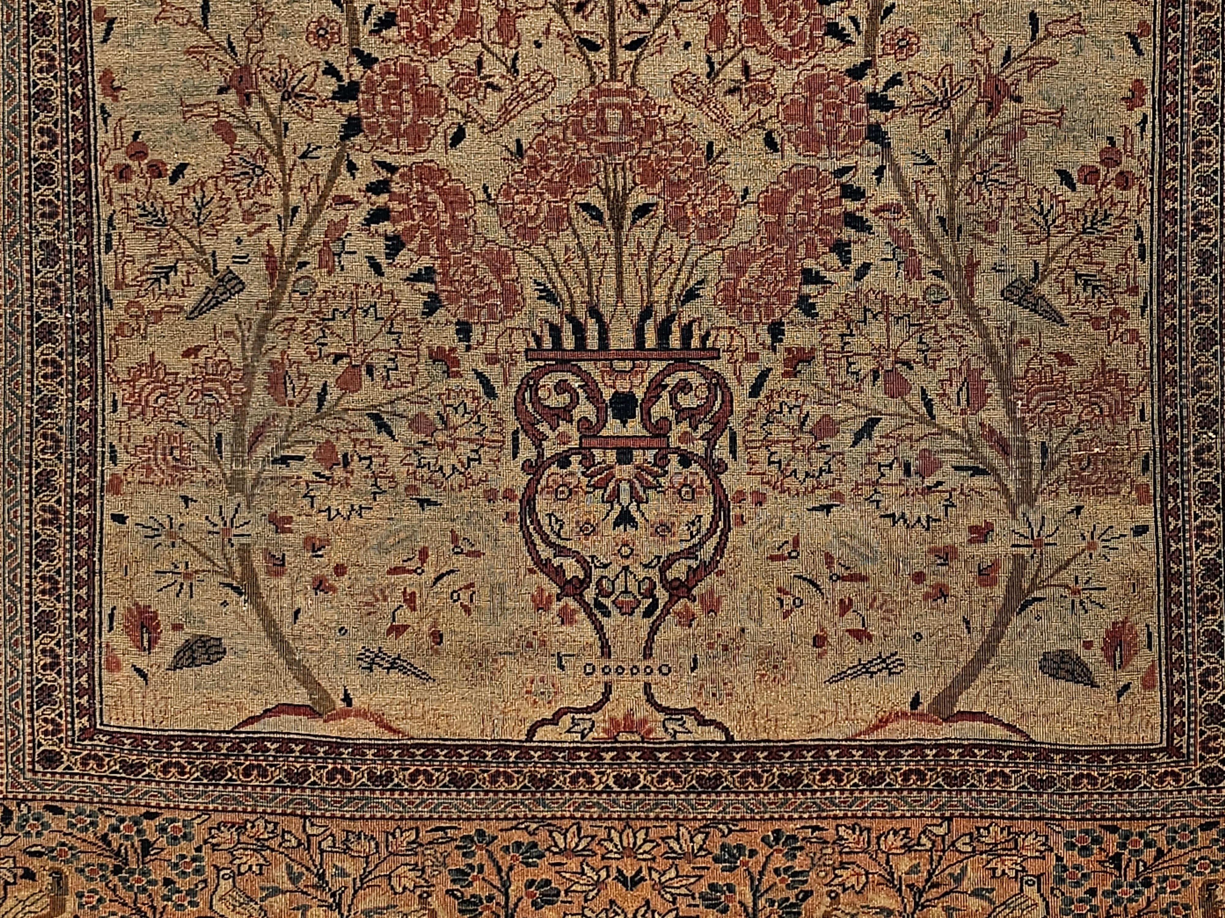 Cotton 19th Century Persian Kashan “Tree of Life” Vase Rug in Ivory, Brick Red, Navy For Sale