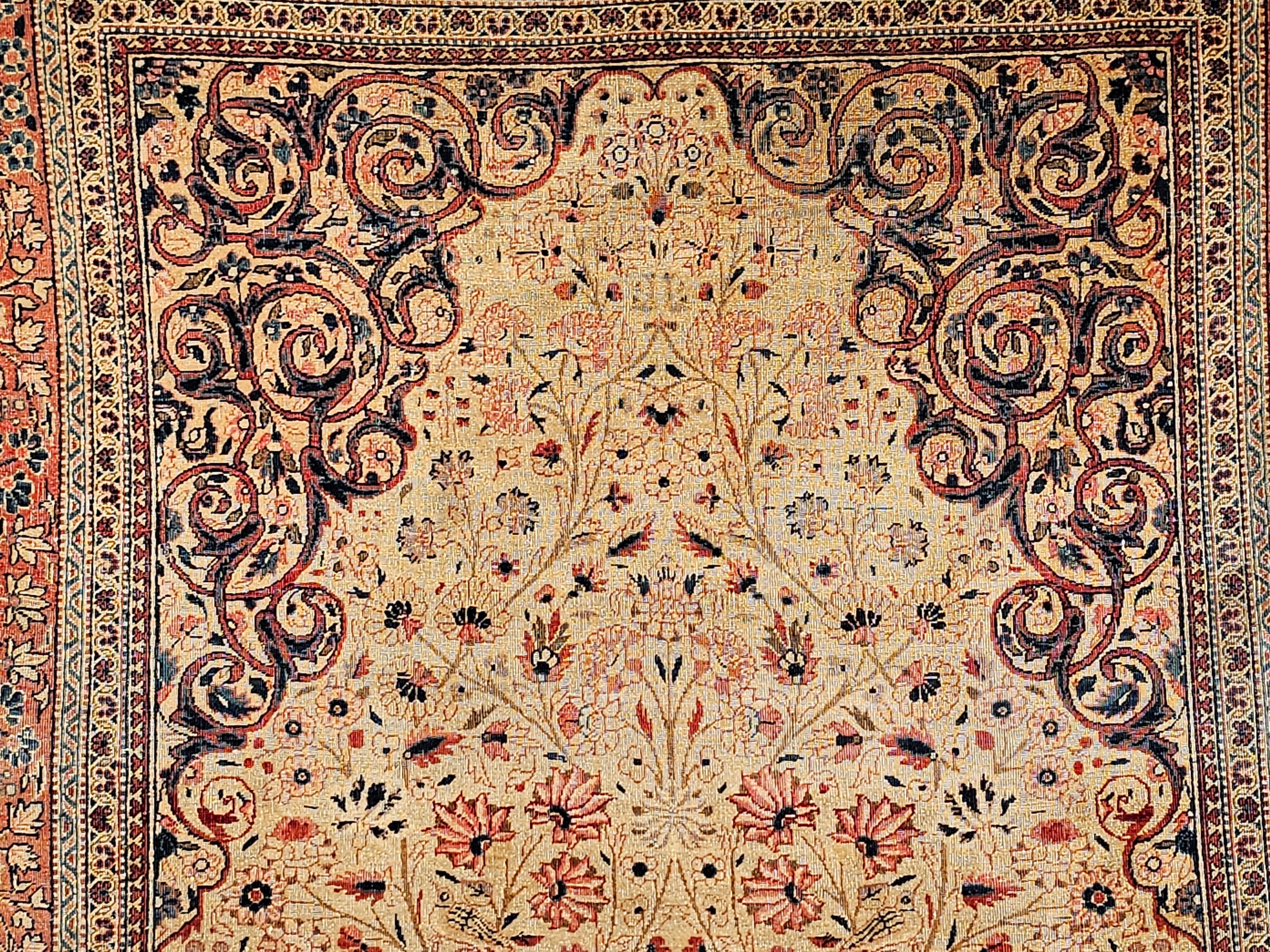 19th Century Persian Kashan Vase “Tree of Life” Rug in Ivory, Brick Red, Navy In Good Condition For Sale In Barrington, IL