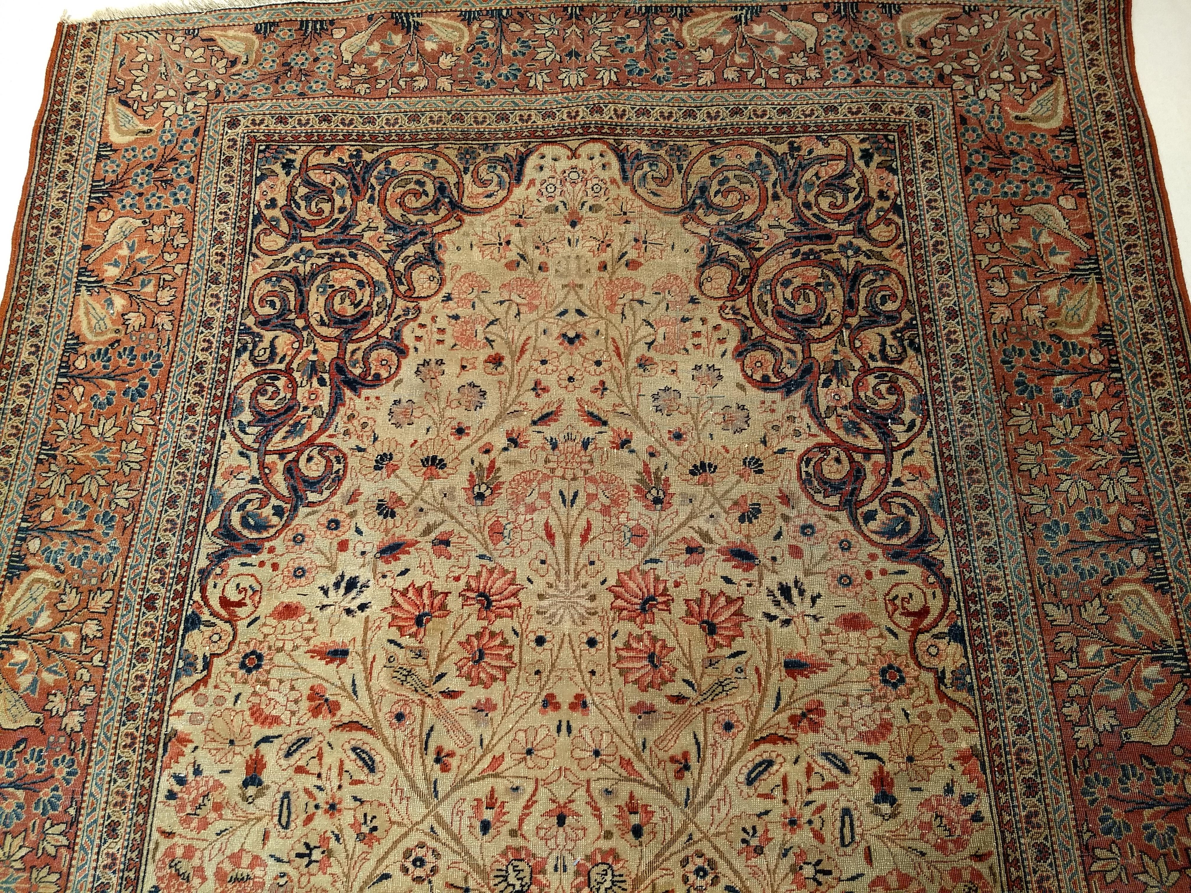 19th Century Persian Kashan “Tree of Life” Vase Rug in Ivory, Brick Red, Navy For Sale 2