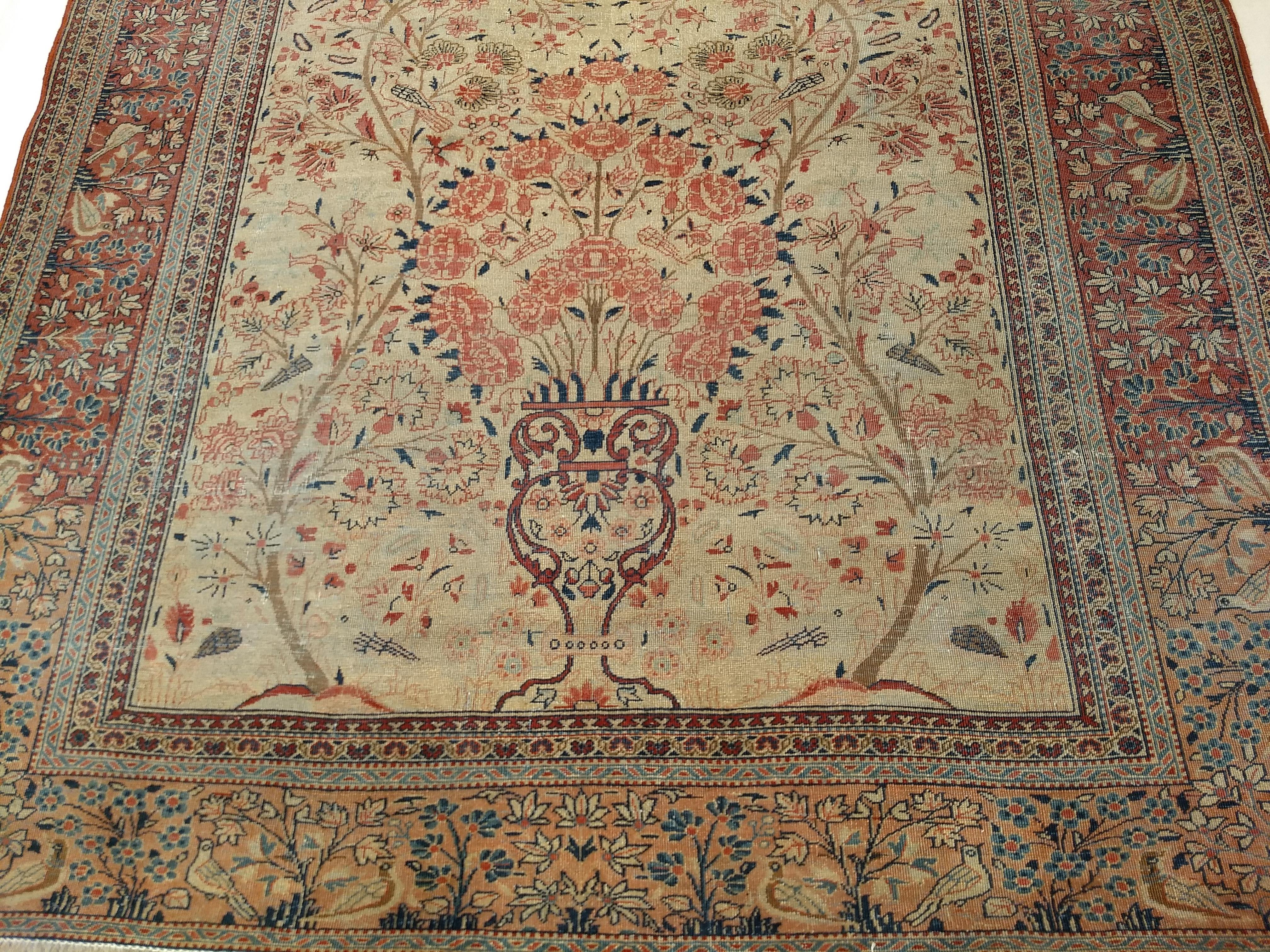 19th Century Persian Kashan Vase “Tree of Life” Rug in Ivory, Brick Red, Navy For Sale 4