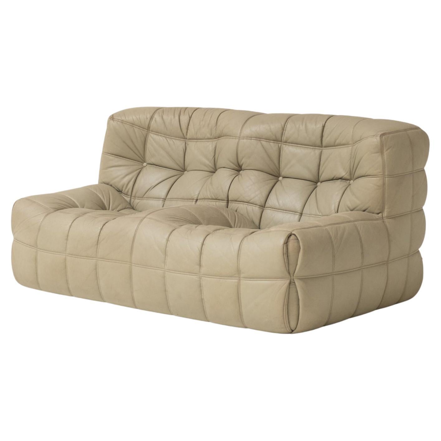 Canapé 2 places Kashima par Michel Ducaroy pour Ligne Roset, cuir d'origine, années 1970