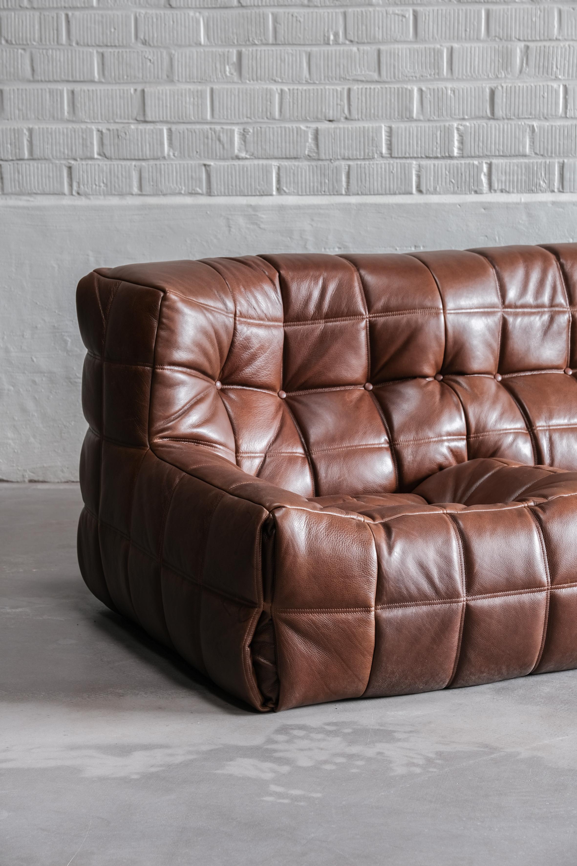 French Kashima 3 seater leather sofa designed by Michel Ducaroy for Ligne Roset 1970