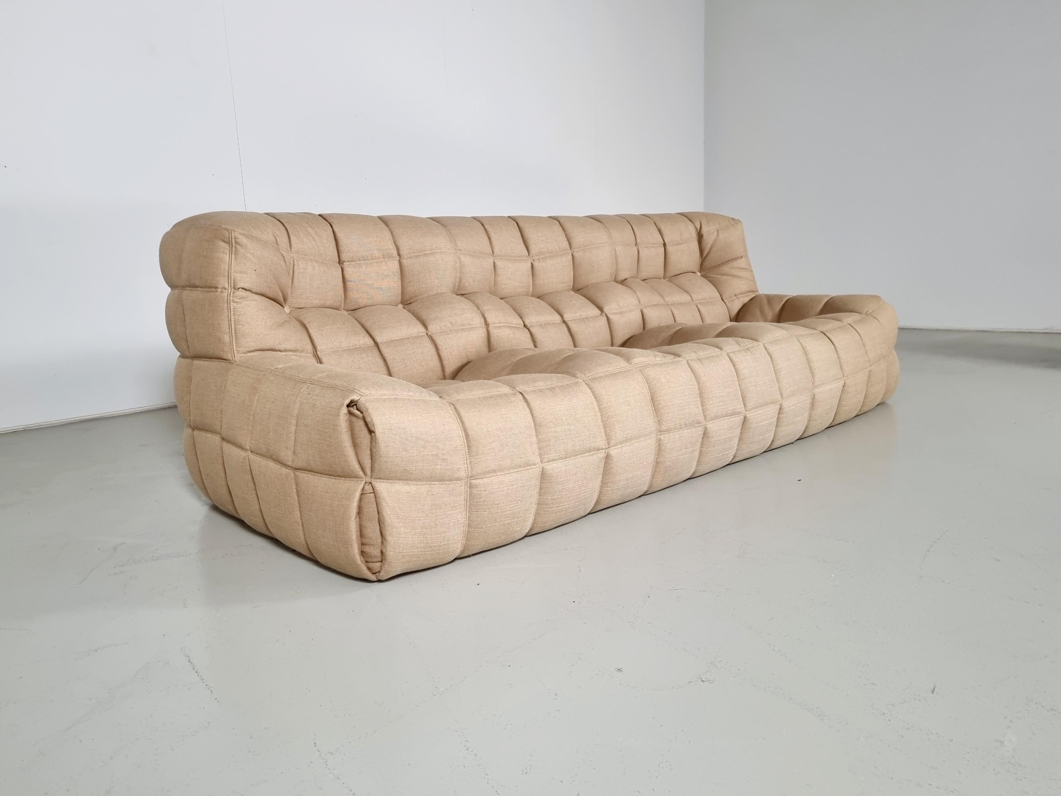 Kashima 3-seater sofa, Michel Ducaroy, Ligne Roset, 1970s

This sofa is an early production signed with Ligne Roset labels on the back and Ligne Roset logo fabric on the undersides

Designed to mimic floating clouds, the square stitched and