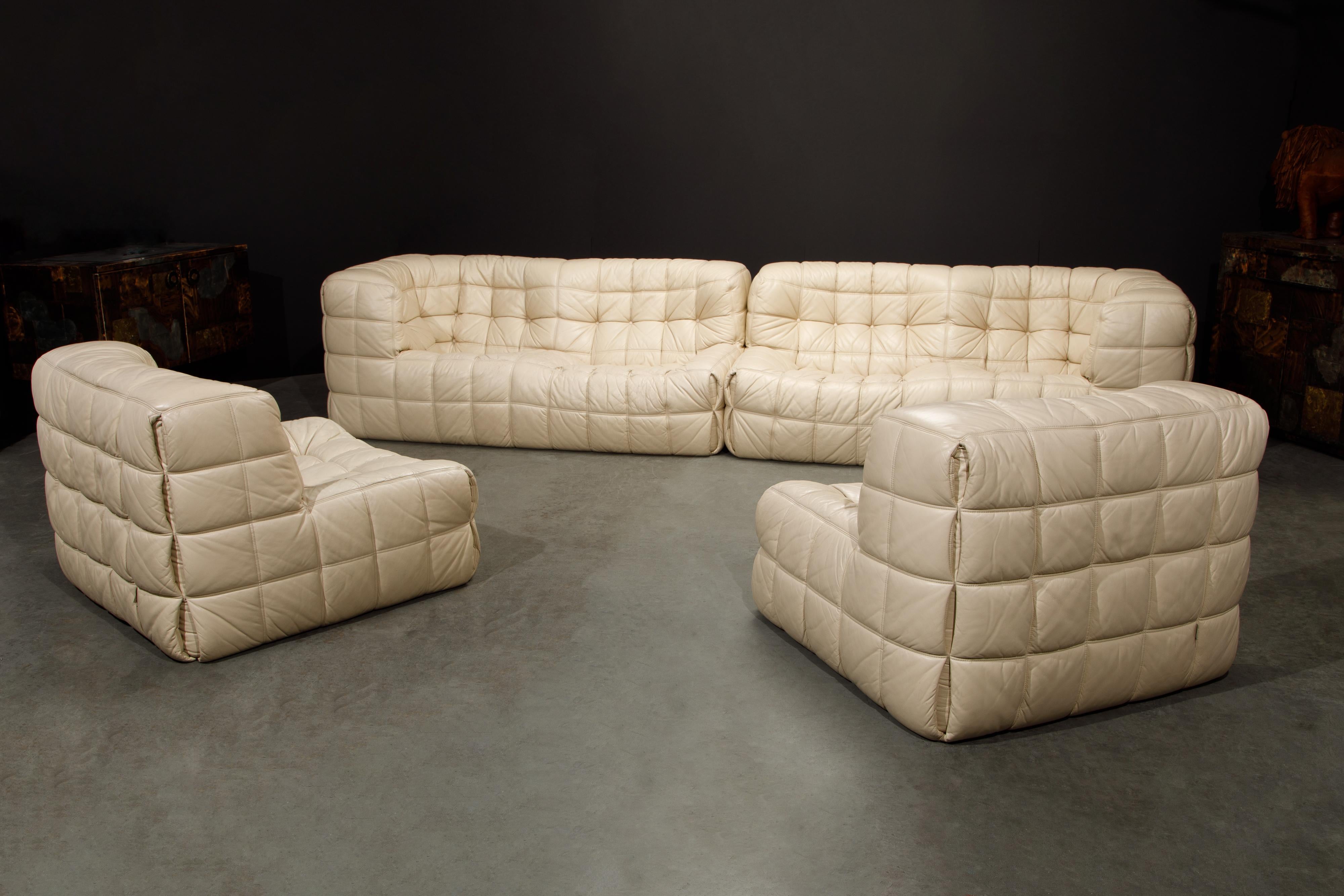 This incredibly rare and sought-after 'Kashima' sectional sofa set by Michel Ducaroy for Ligne Roset, France, was designed in 1976. Upholstered in soft and sumptuous cream colored leather, this living room set is comprised of two lounge seats and