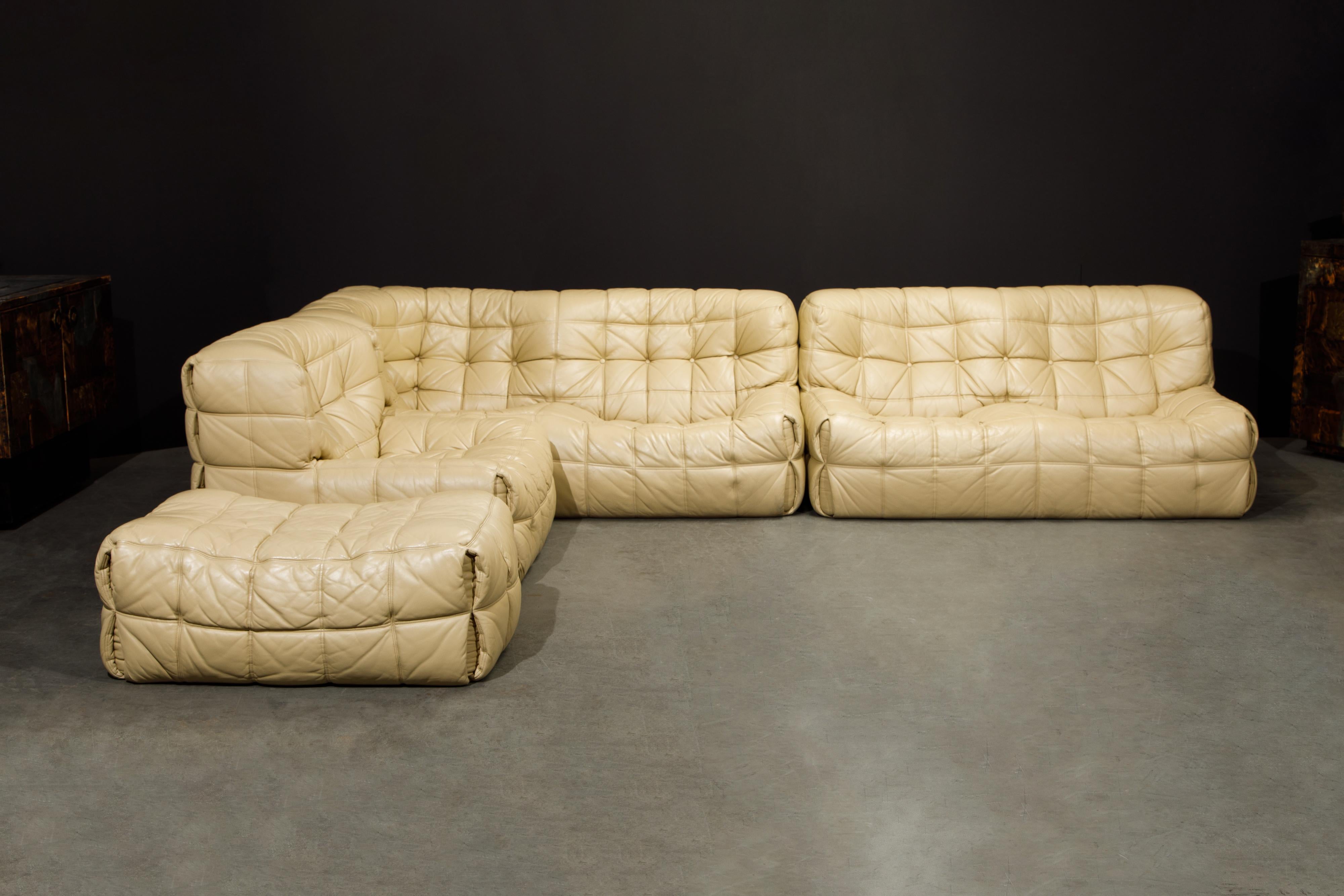 This incredibly rare and sought-after 'Kashima' sectional sofa set by Michel Ducaroy for Ligne Roset, France, was designed in 1976. Upholstered in soft and sumptuous tan colored leather, this living room set is comprised of a lounge chair and