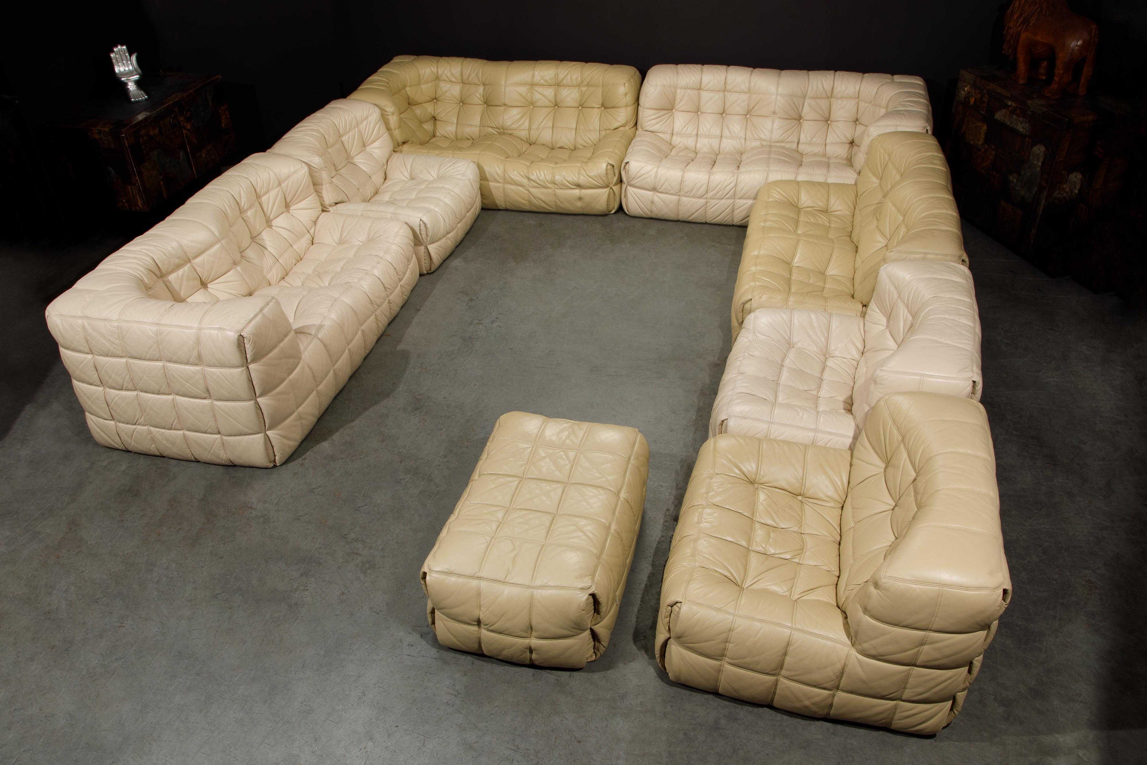 This incredibly large set, which is also incredibly rare and sought-after, called the 'Kashima' series by Michel Ducaroy for Ligne Roset, France, was designed in 1976. This extremely large eight piece is is comprised of 2 smaller sets which we