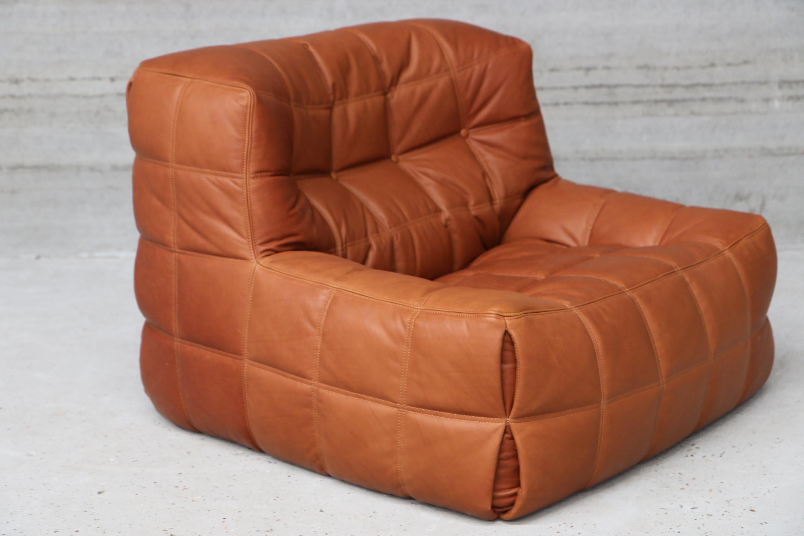 Design by Michel Ducaroy 1973 Re-upholstered in our cognac full grain leather.
 