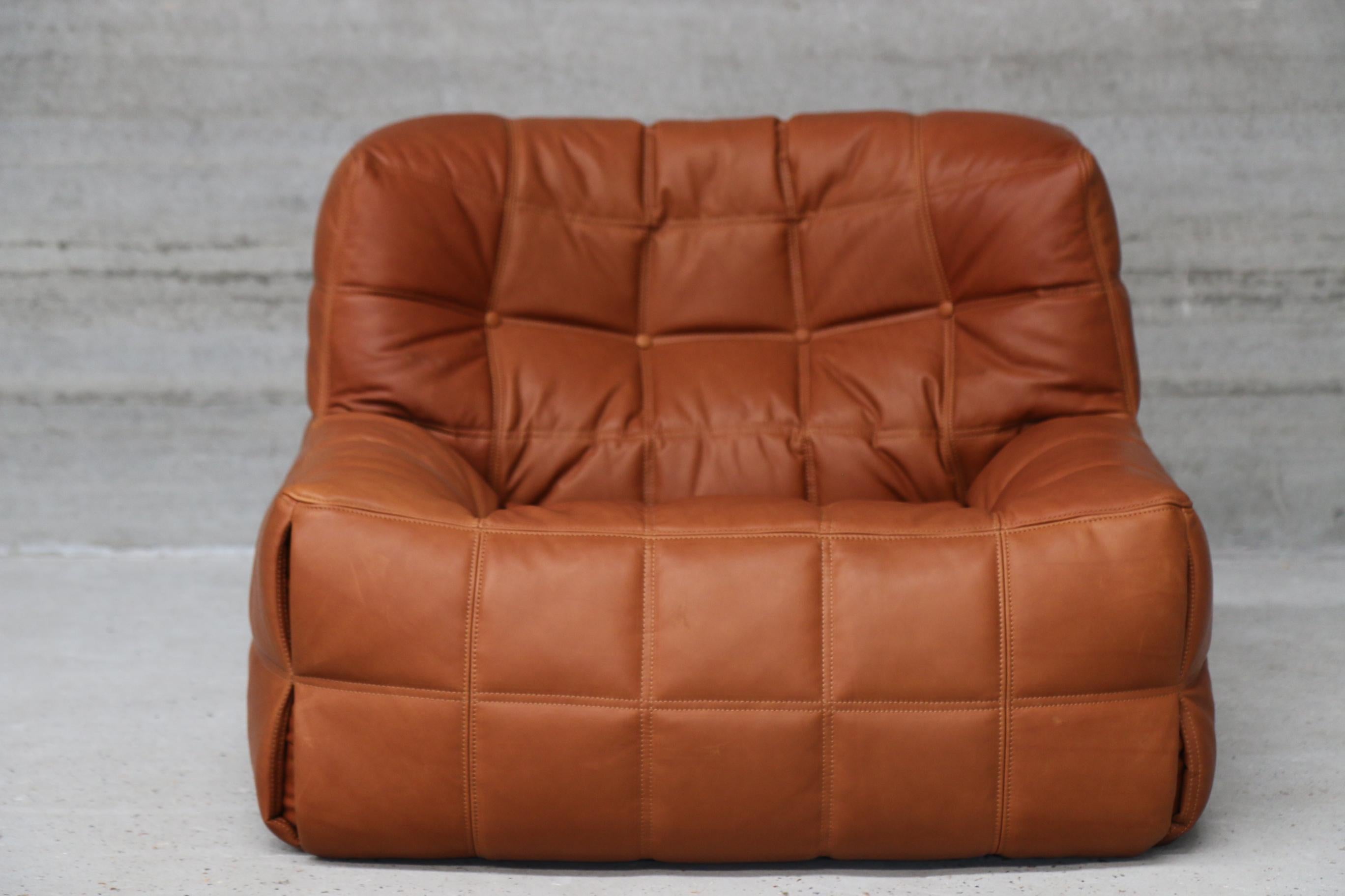 Mid-Century Modern Kashima Lounge Chair in Cognac Full Grain Natural Leather for Ligne Roset France