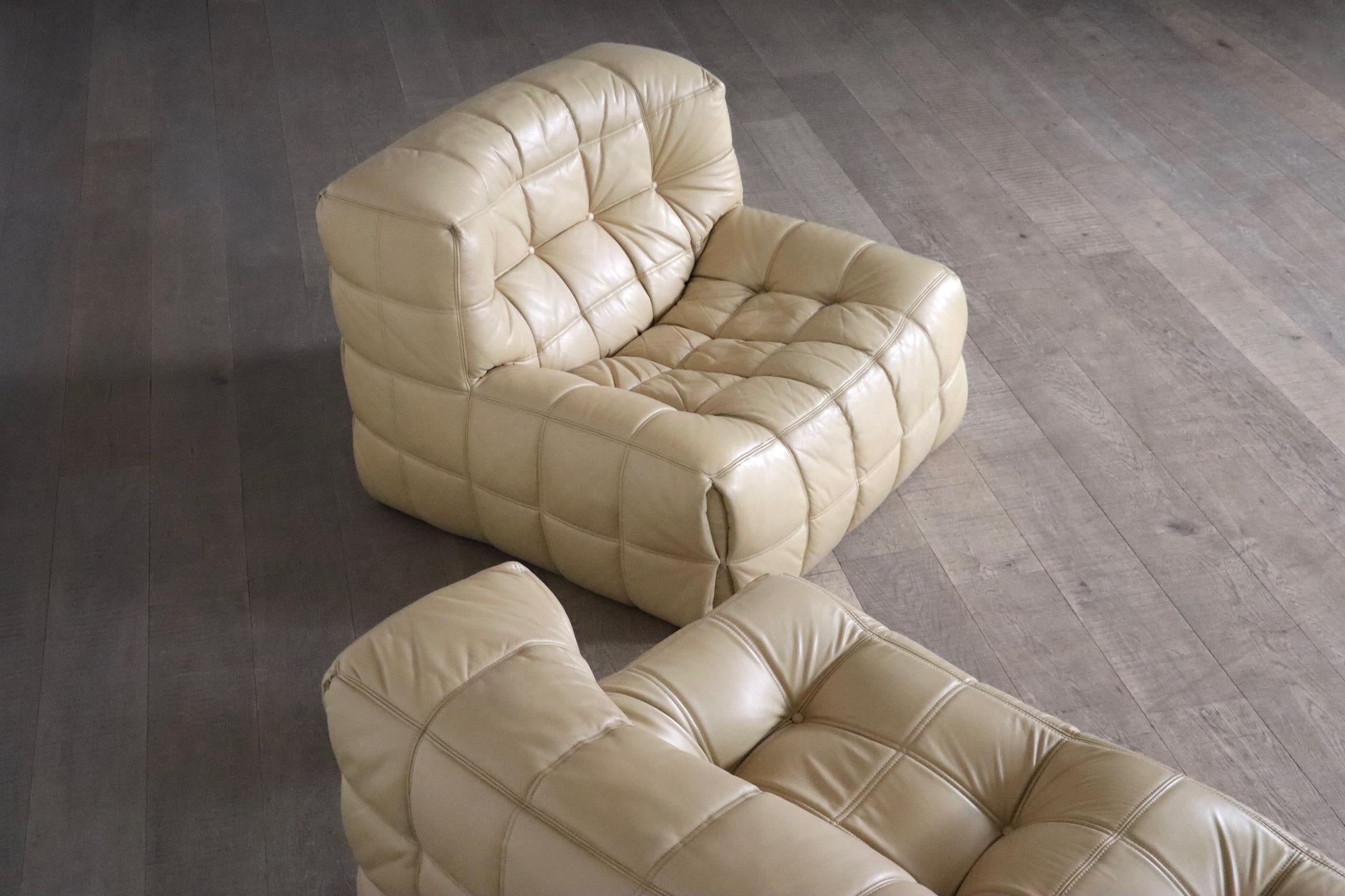 Kashima Lounge chair in cream leather by Michel Ducaroy for Ligne Roset, 1970s For Sale 5