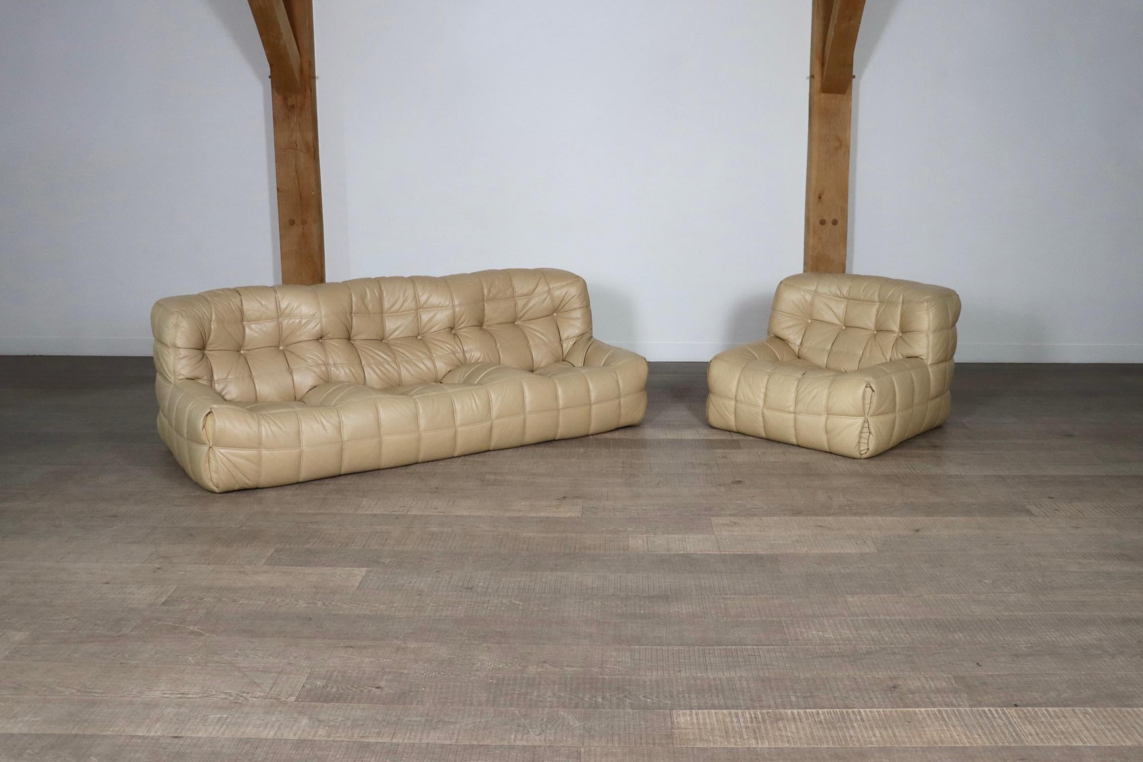 Kashima Lounge chair in cream leather by Michel Ducaroy for Ligne Roset, 1970s For Sale 6