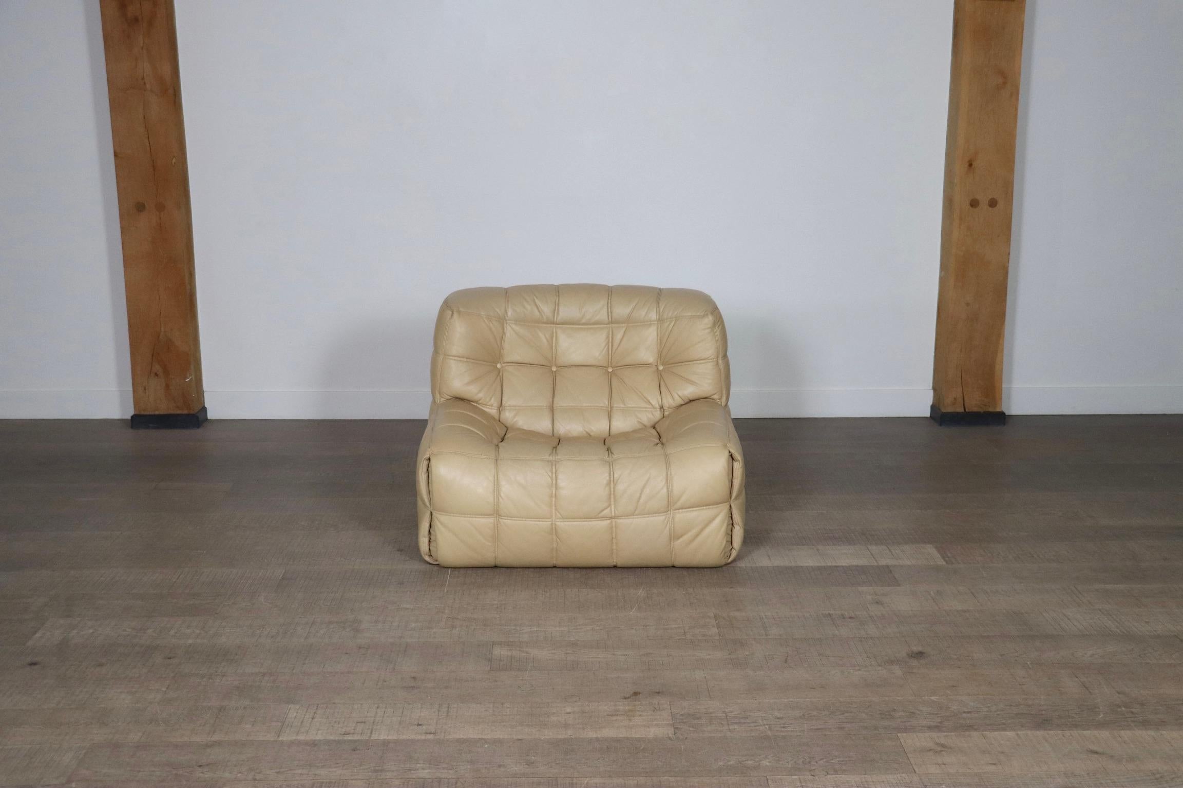 Leather Kashima Lounge chair in cream leather by Michel Ducaroy for Ligne Roset, 1970s For Sale