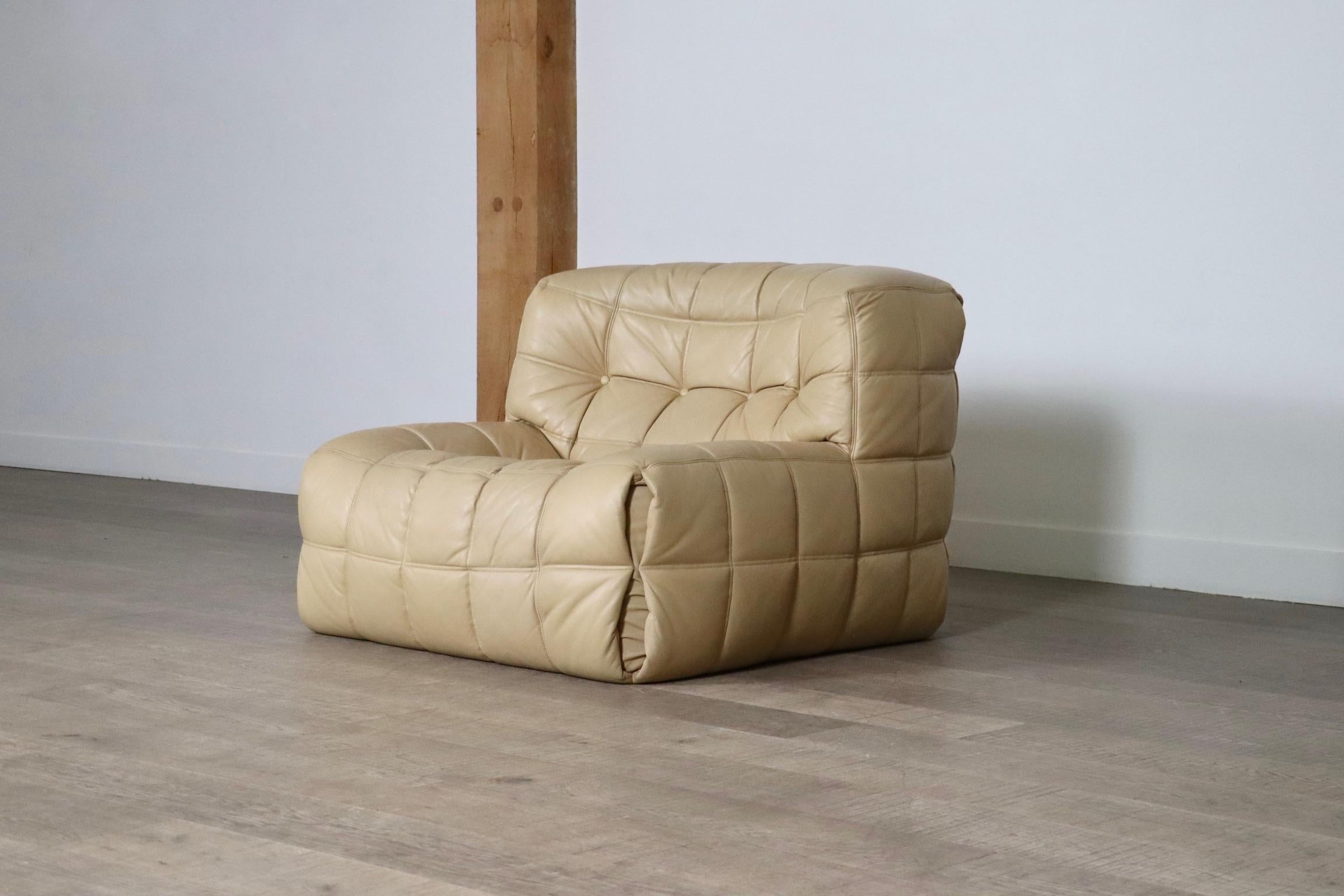 Kashima Lounge chair in cream leather by Michel Ducaroy for Ligne Roset, 1970s For Sale 1