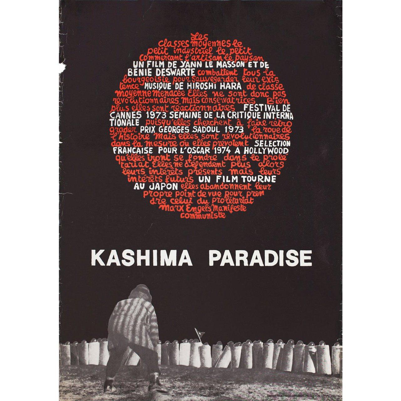Original 1973 French moyenne poster for the documentary film Kashima Paradise directed by Benie Deswarte / Yann Le Masson with Chris Marker. Fair-Good condition, rolled with edge wear. Please note: the size is stated in inches and the actual size