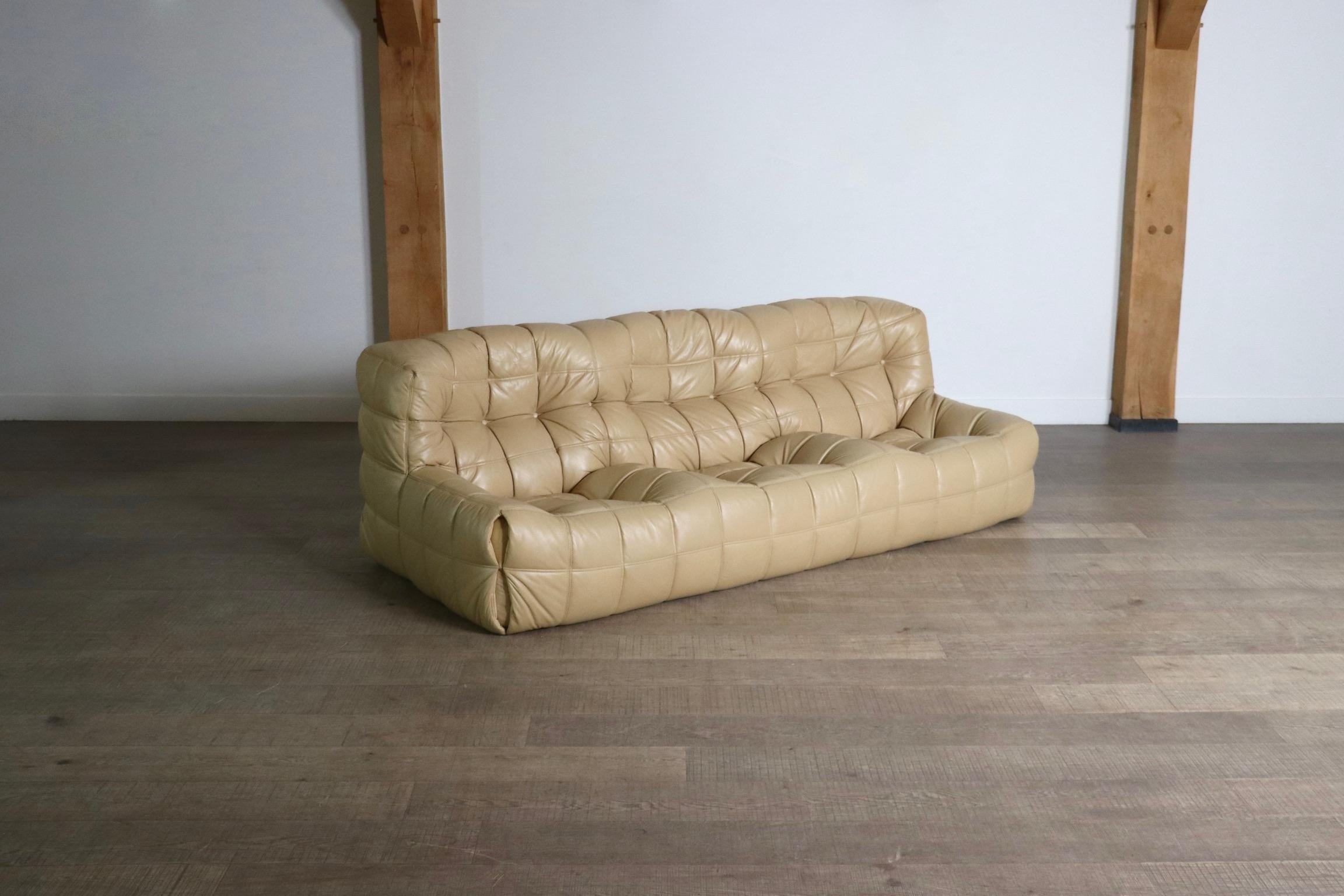 Kashima Dreisitzer-Sofa aus cremefarbenem Leder von Michel Ducaroy für Ligne Roset 7