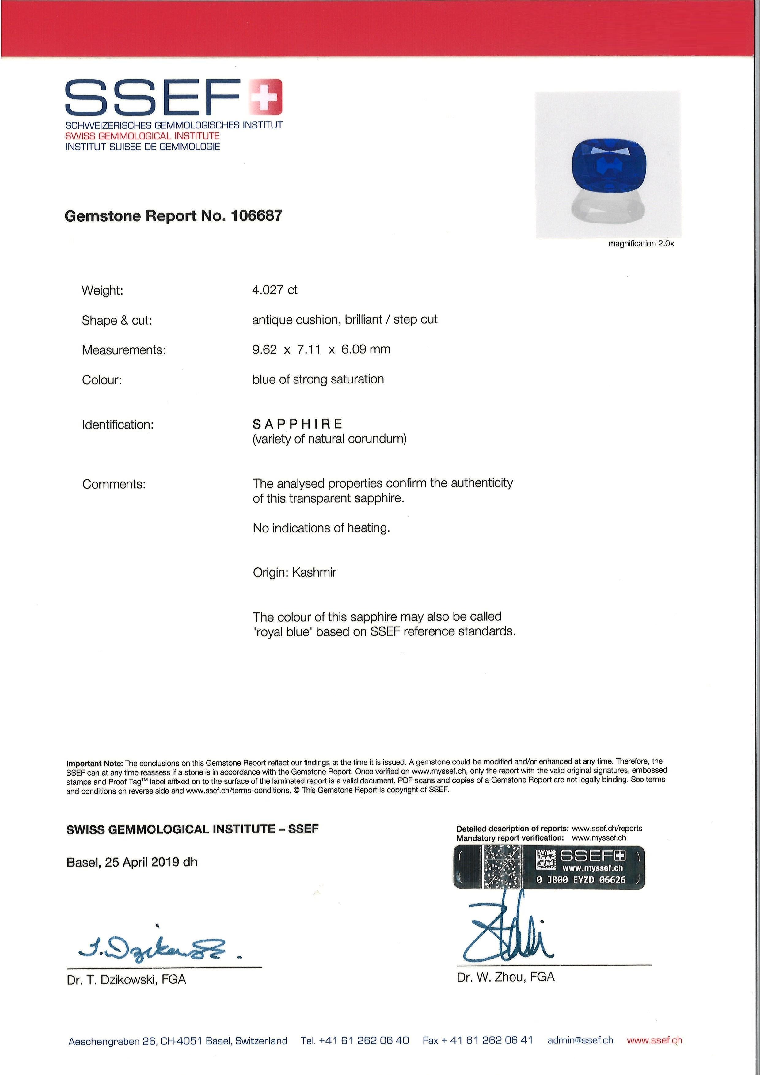Kashmir 4.03 Carat Antique Cushion Cut Royal Blue Sapphire, SSEF Certified. For Sale 6