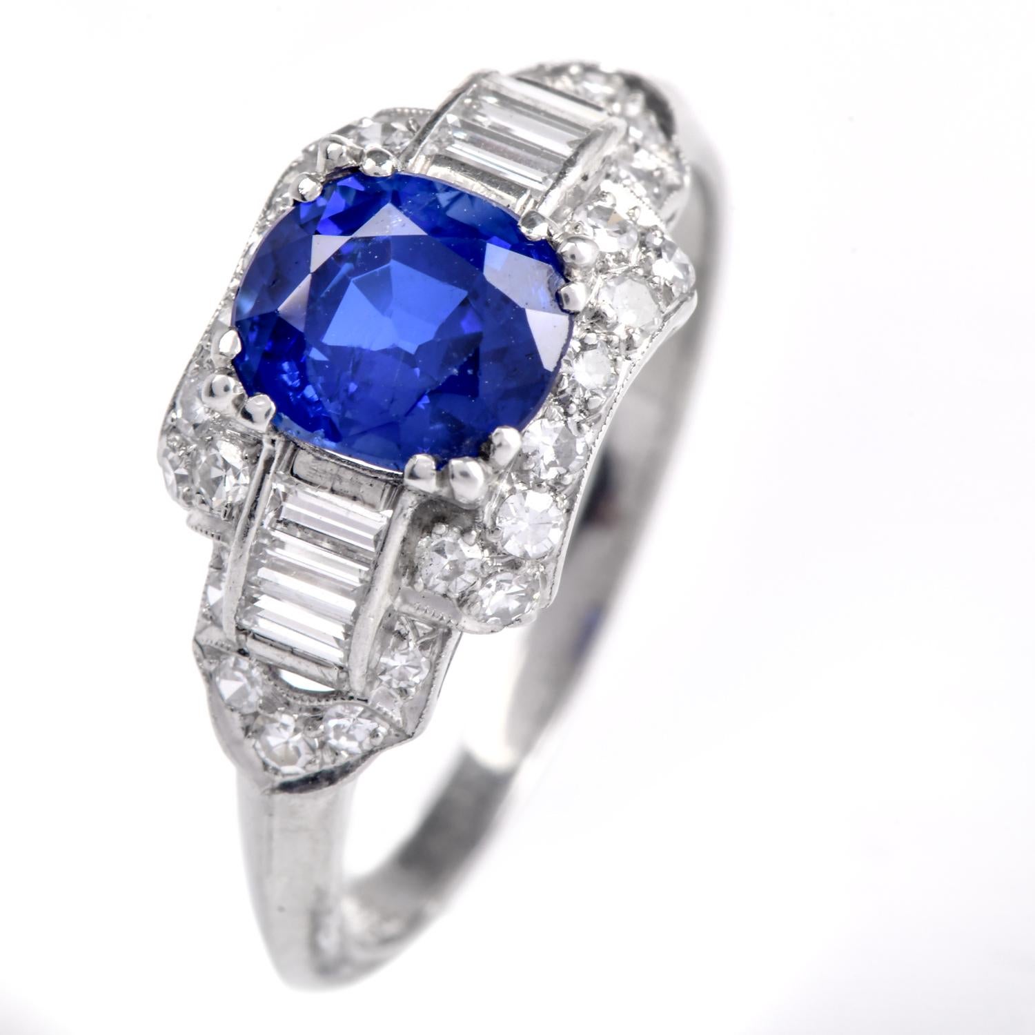 Very Rare Certified Kashmir No Heat Sapphire 2.53cts Diamond Platinum Ring

Presenting this vintage ring adorned with diamonds, and Natural No-Heat Kashmir sapphire, crafted in Platinum

GIA Certified Blue No Heat Kashmir Sapphire is the heart of