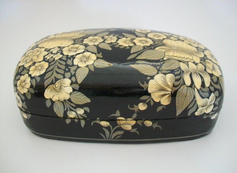 Kashmir Black Lacquer and Hand Painted Papier Mâché Box, India, Mid