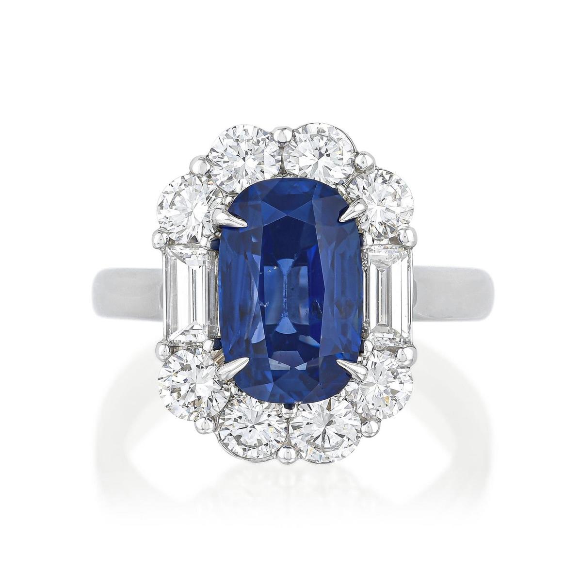 Kashmir Blue Sapphire Antique Cushion No Heat And Diamond Ring, SSEF Certified 10