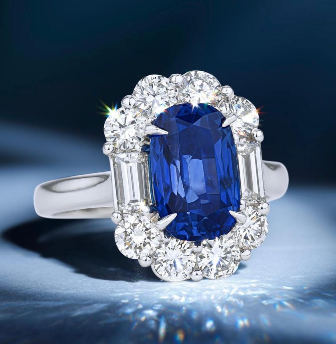 One of a kind Kashmir Blue Sapphire No Heat Antique Cushion And Diamond Engagement Ring In Platinum. 
Antique Cushion, Brilliant / step cut weight : 3.25 Carat 
Measurements of blue sapphire : 10.26 x 6.58 x 4.83 mm 
Measurements of the ring head :