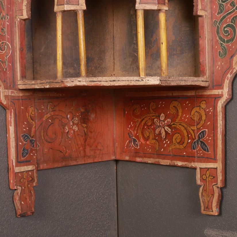 Quirky 19th century painted Kashmir hanging corner shelf. 1890

Dimensions
18 inches (46 cms) wide
12 inches (30 cms) deep
16 inches (41 cms) high.

  