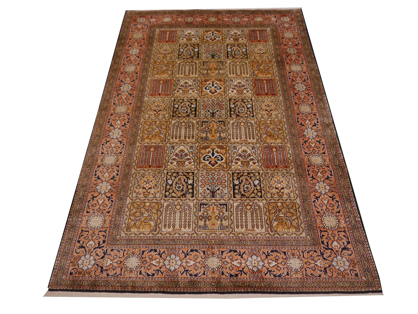 Fine Kashmir pure silk pile rug. 

Rug making has a long tradition in the northern parts of India. Kashmir is a main center of rug production - silk as well as wool. Kashmir rugs are very famous throughout the world for their quality and beauty.