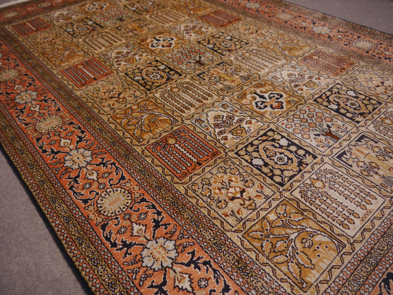 Hand-Knotted Kashmir Pure Silk Indian Rug with Panel Design For Sale